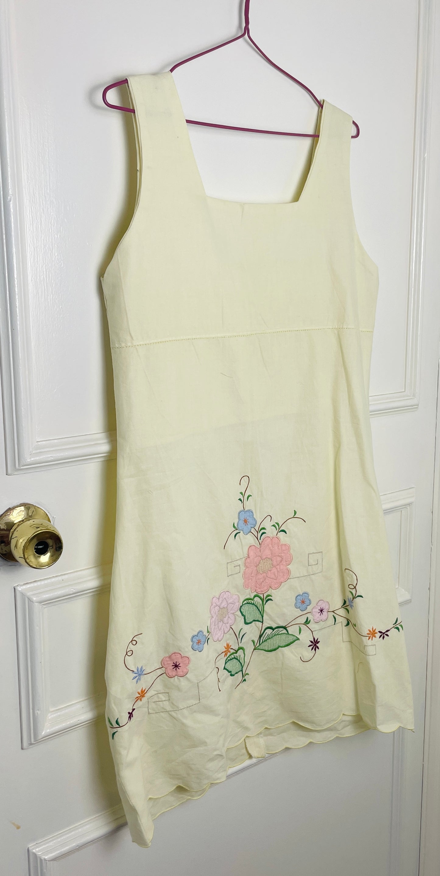 Handmade Pale Yellow Cotton Floral Embroidered Sleeveless Mini Dress - Size 10