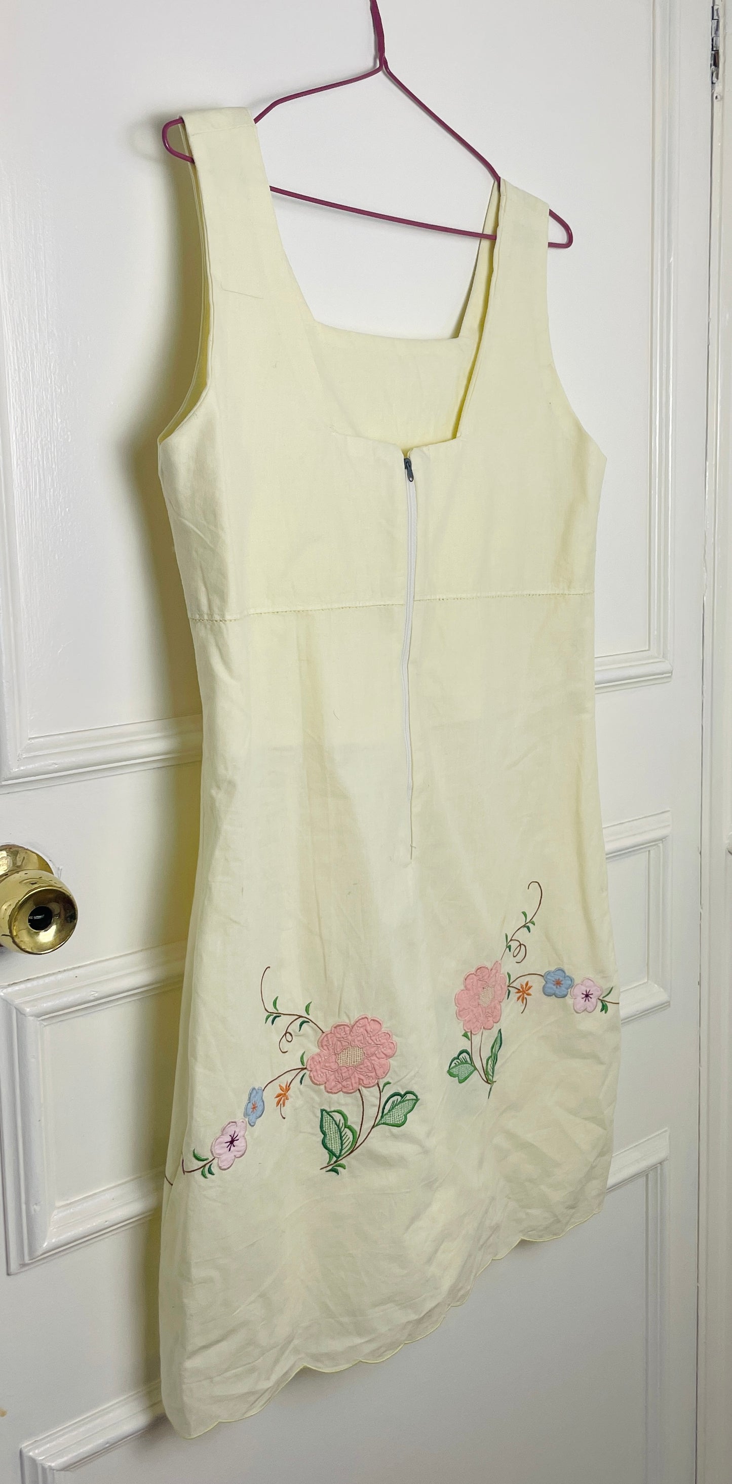 Handmade Pale Yellow Cotton Floral Embroidered Sleeveless Mini Dress - Size 10