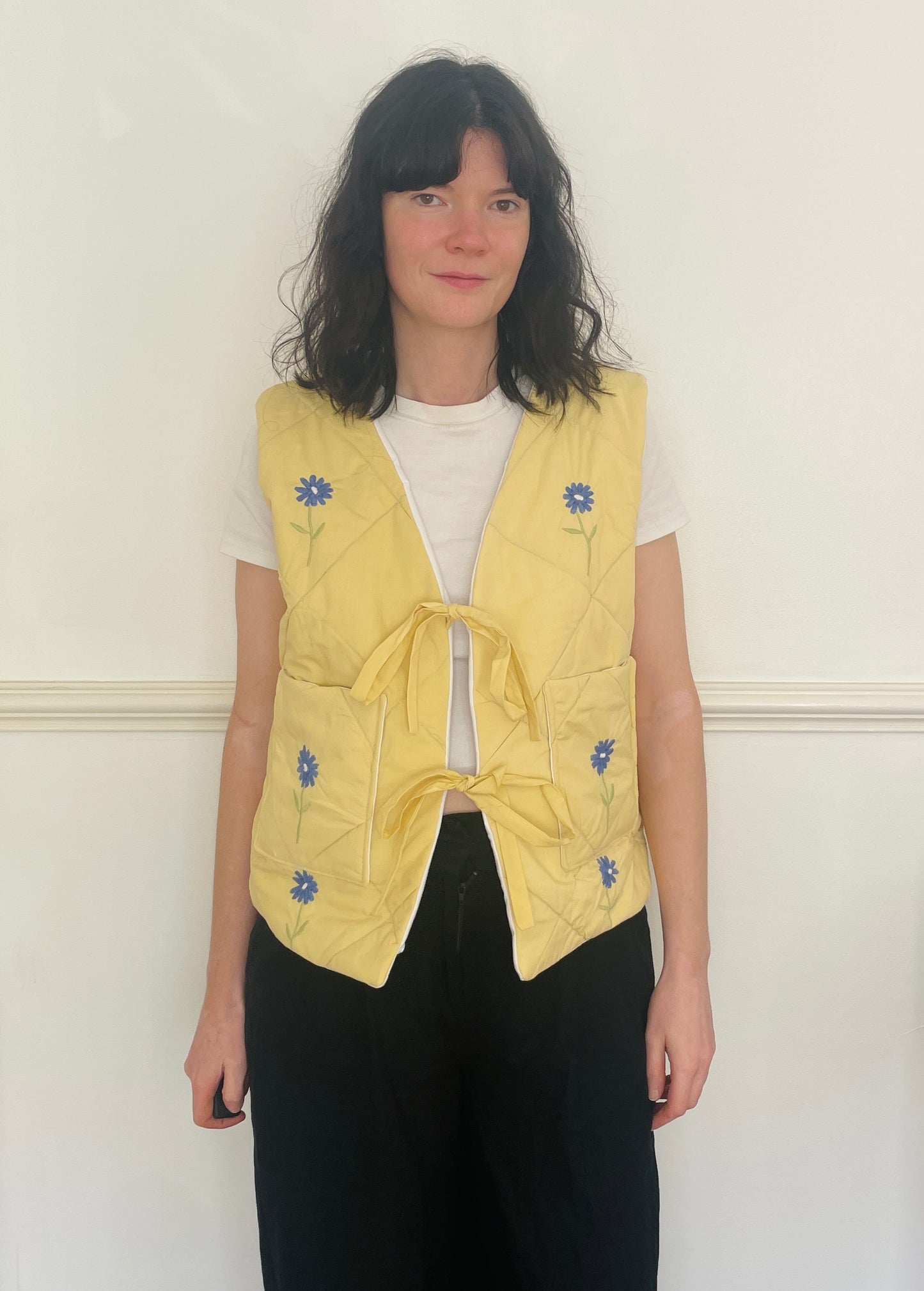 Handmade Yellow Quilted Floral Embroidered Tie Front Vest Gilet - Size 14