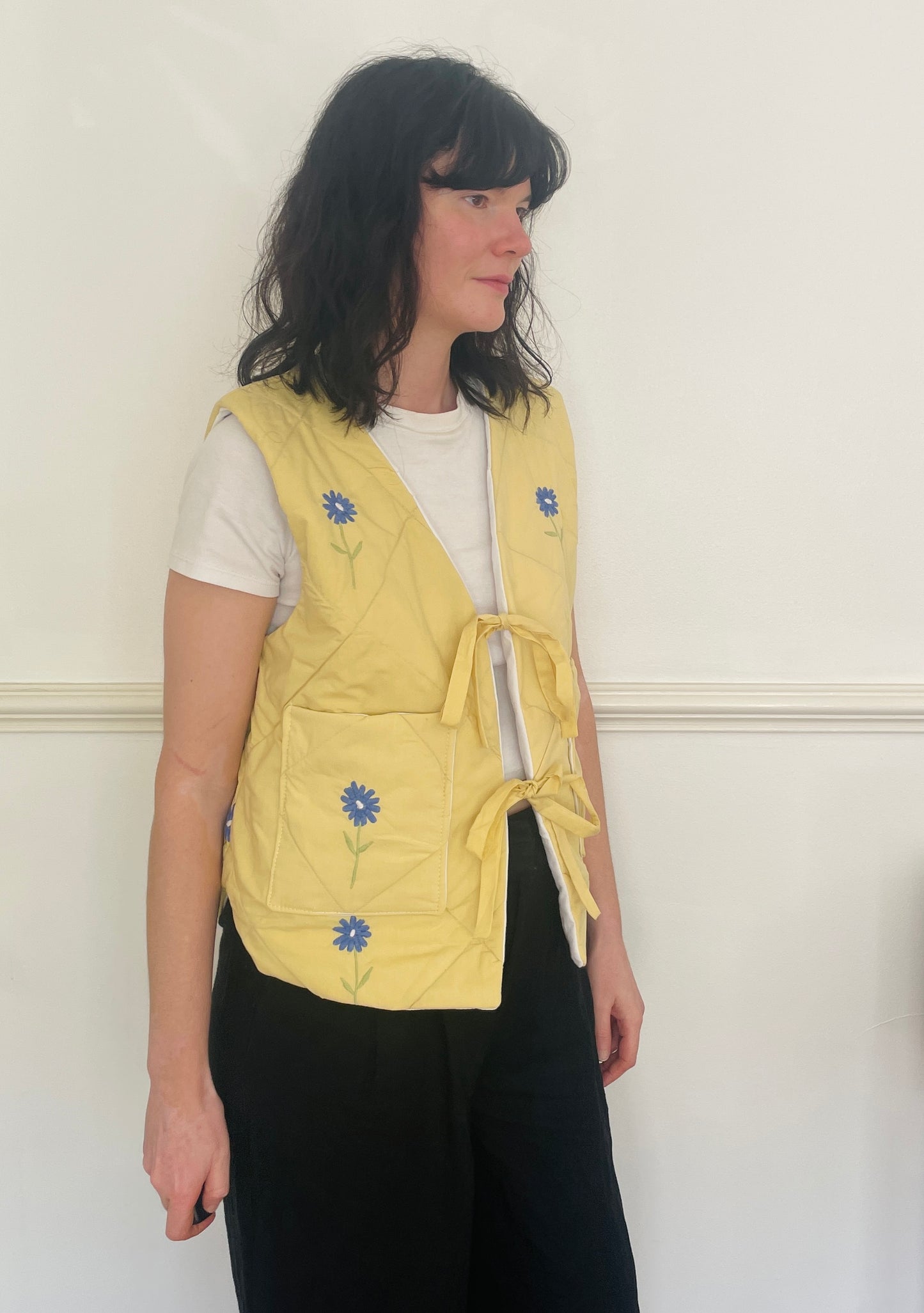 Handmade Yellow Quilted Floral Embroidered Tie Front Vest Gilet - Size 14