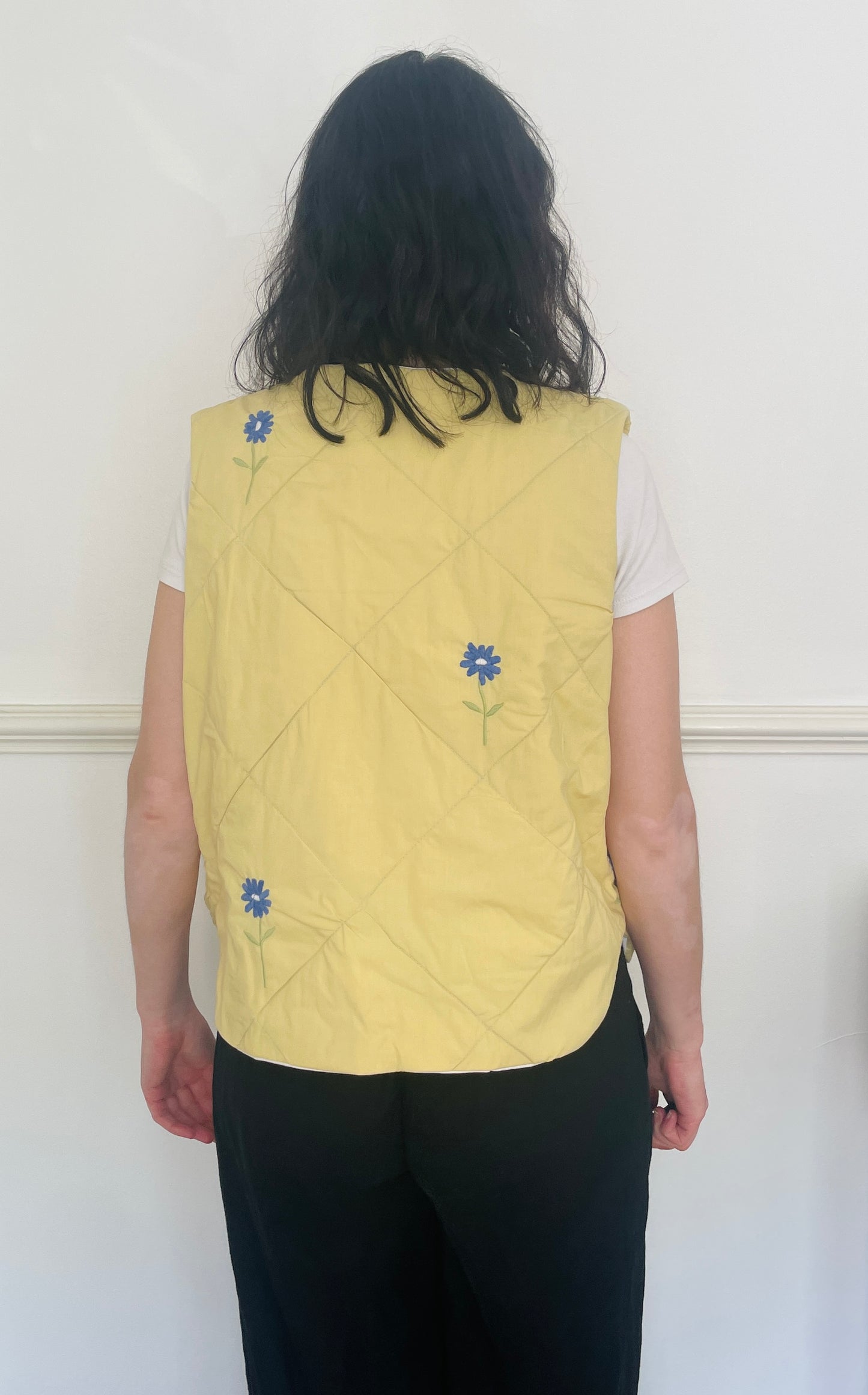 Handmade Yellow Quilted Floral Embroidered Tie Front Vest Gilet - Size 14