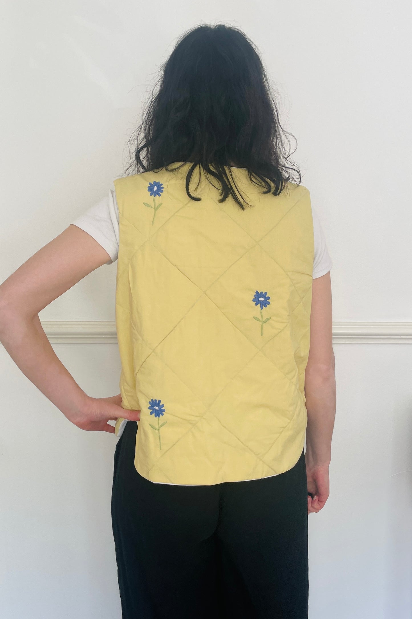 Handmade Yellow Quilted Floral Embroidered Tie Front Vest Gilet - Size 14
