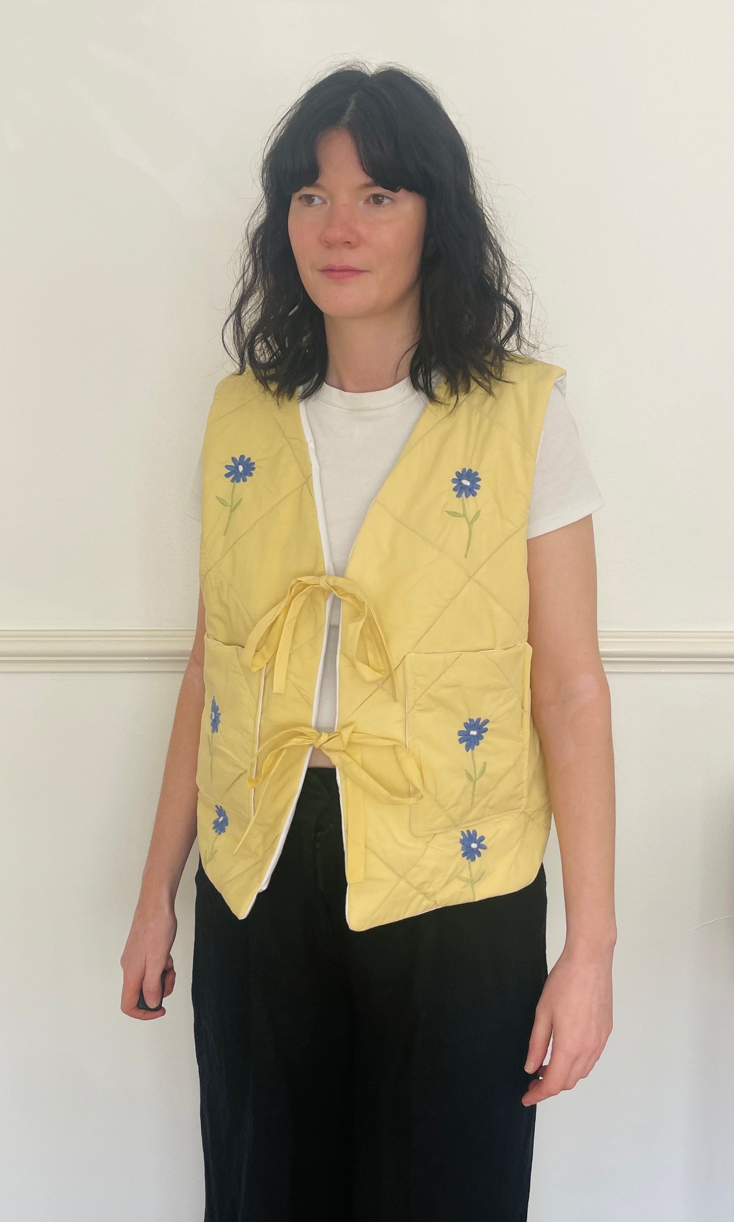 Handmade Yellow Quilted Floral Embroidered Tie Front Vest Gilet - Size 14