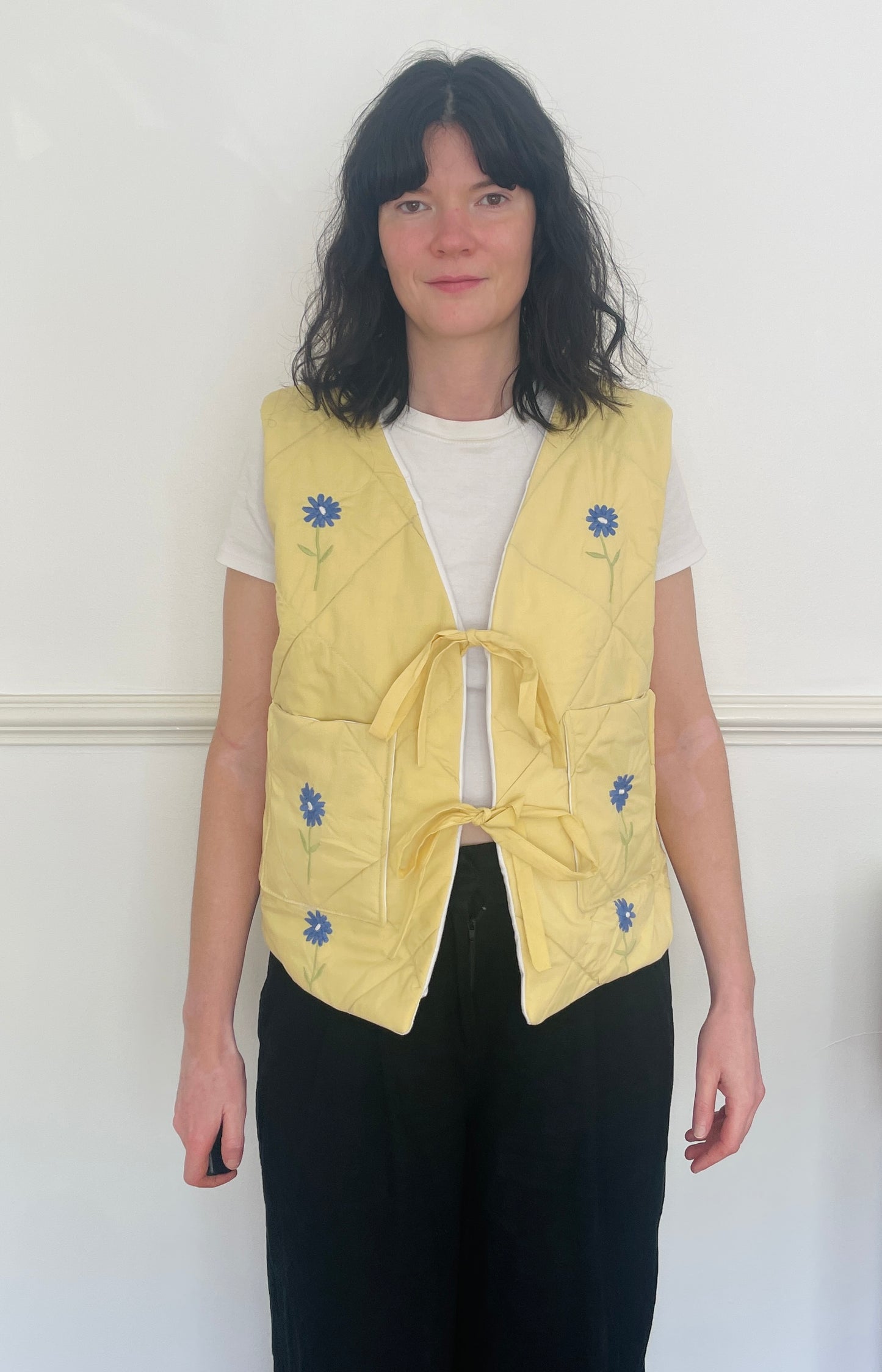Handmade Yellow Quilted Floral Embroidered Tie Front Vest Gilet - Size 14