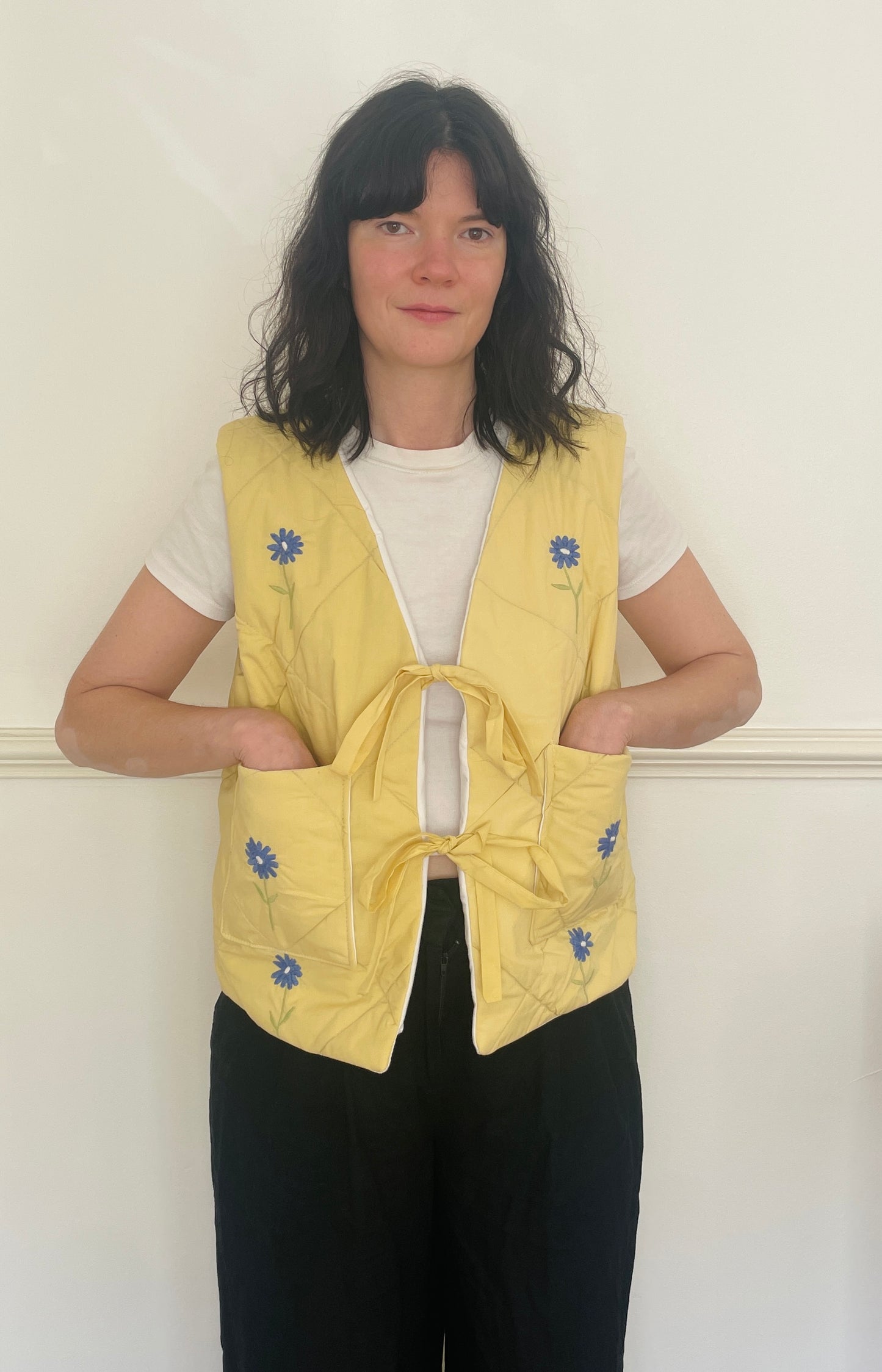 Handmade Yellow Quilted Floral Embroidered Tie Front Vest Gilet - Size 14