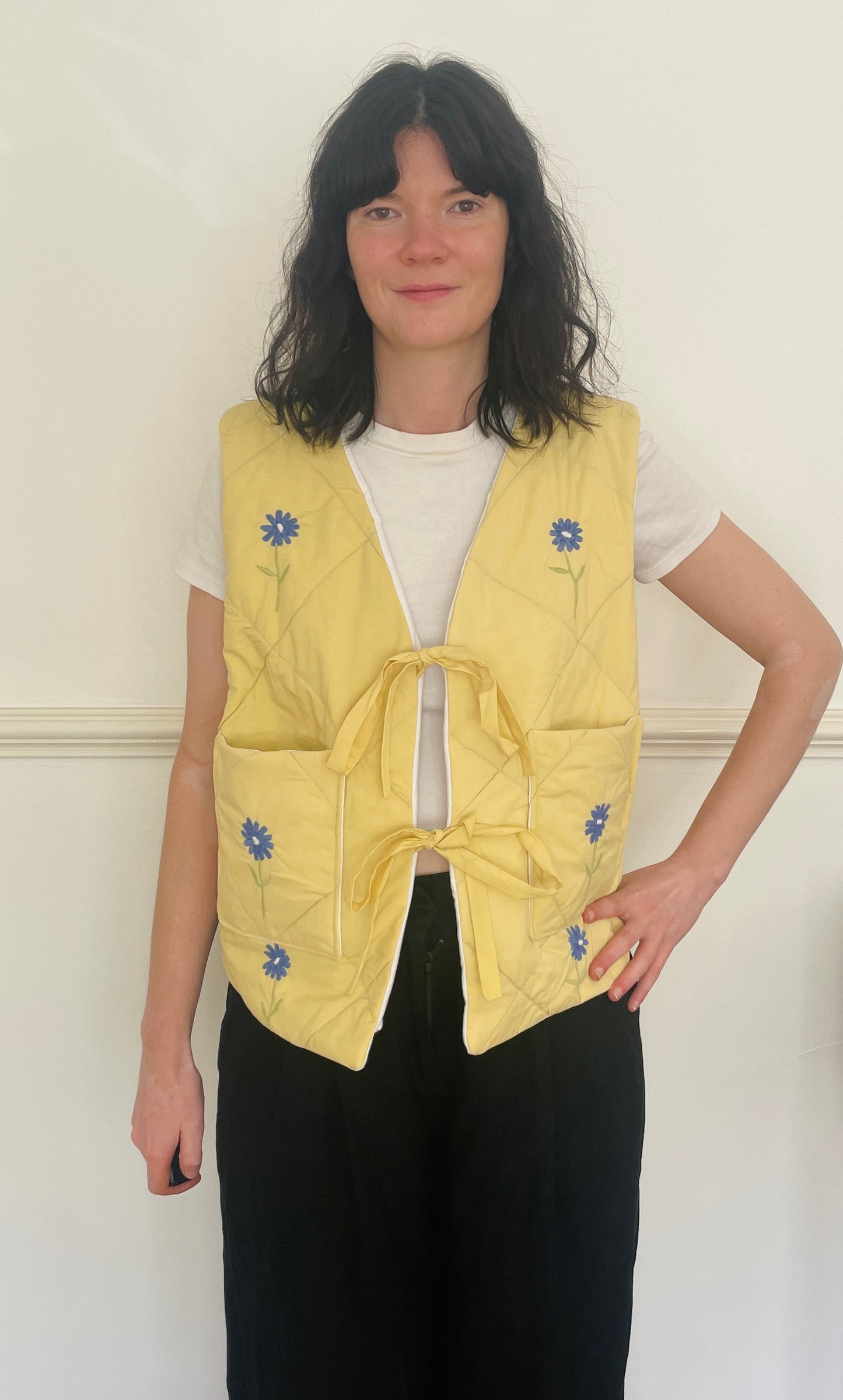 Handmade Yellow Quilted Floral Embroidered Tie Front Vest Gilet - Size 14