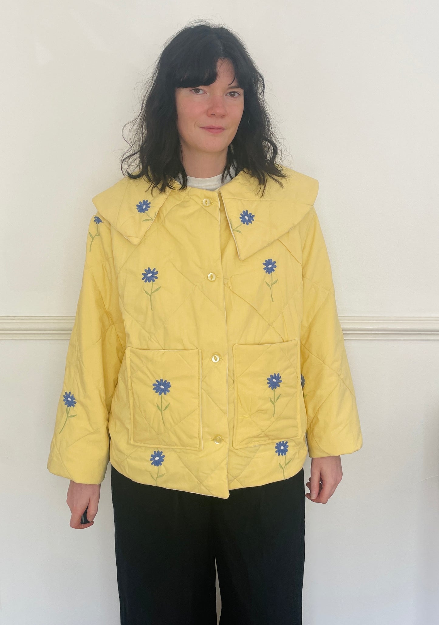 Handmade Yellow Quilted Floral Embroidered Collared Jacket - Size 14
