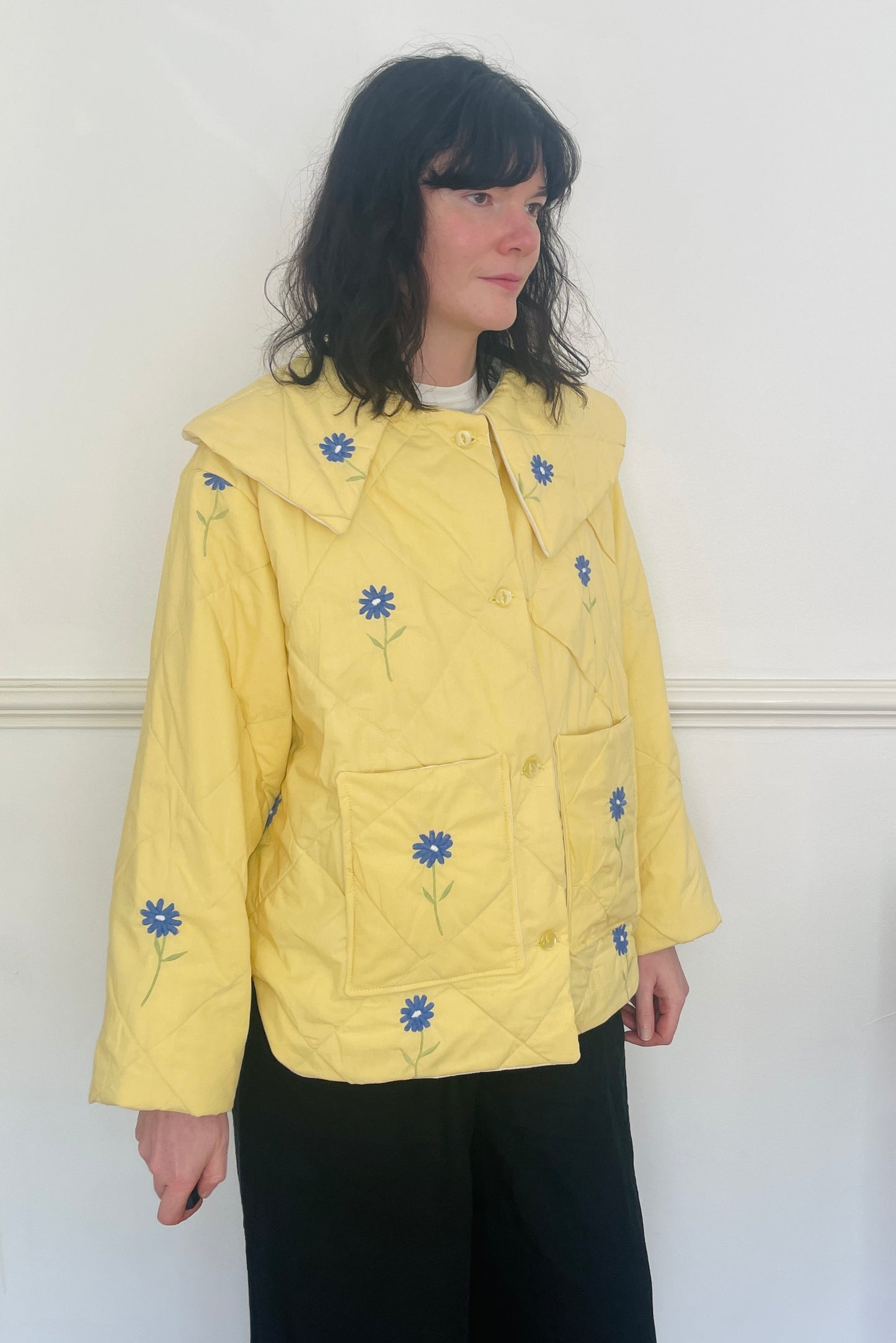 Handmade Yellow Quilted Floral Embroidered Collared Jacket - Size 14