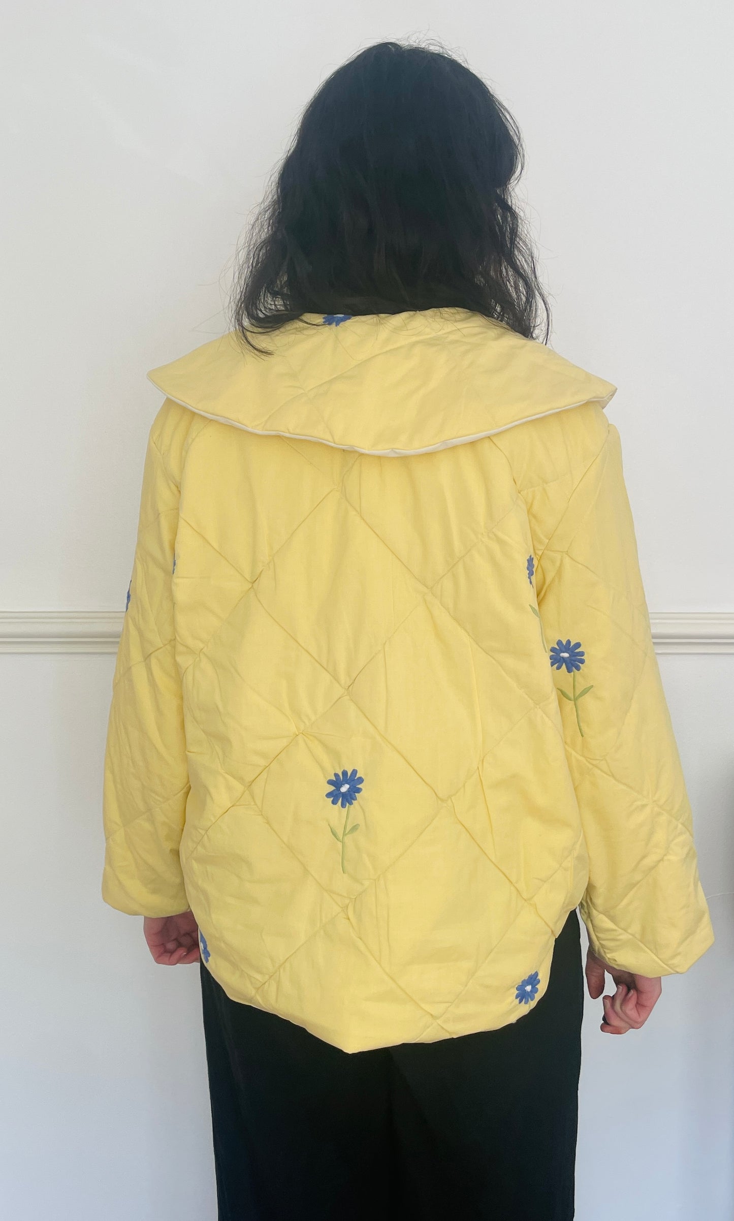 Handmade Yellow Quilted Floral Embroidered Collared Jacket - Size 14