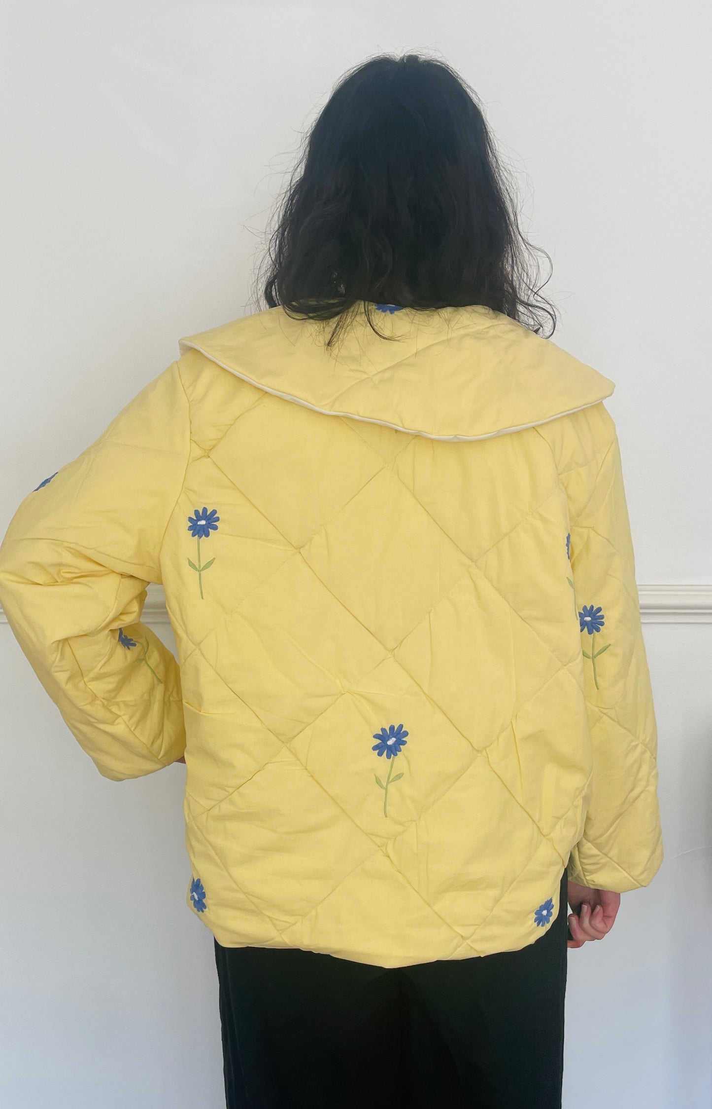 Handmade Yellow Quilted Floral Embroidered Collared Jacket - Size 14