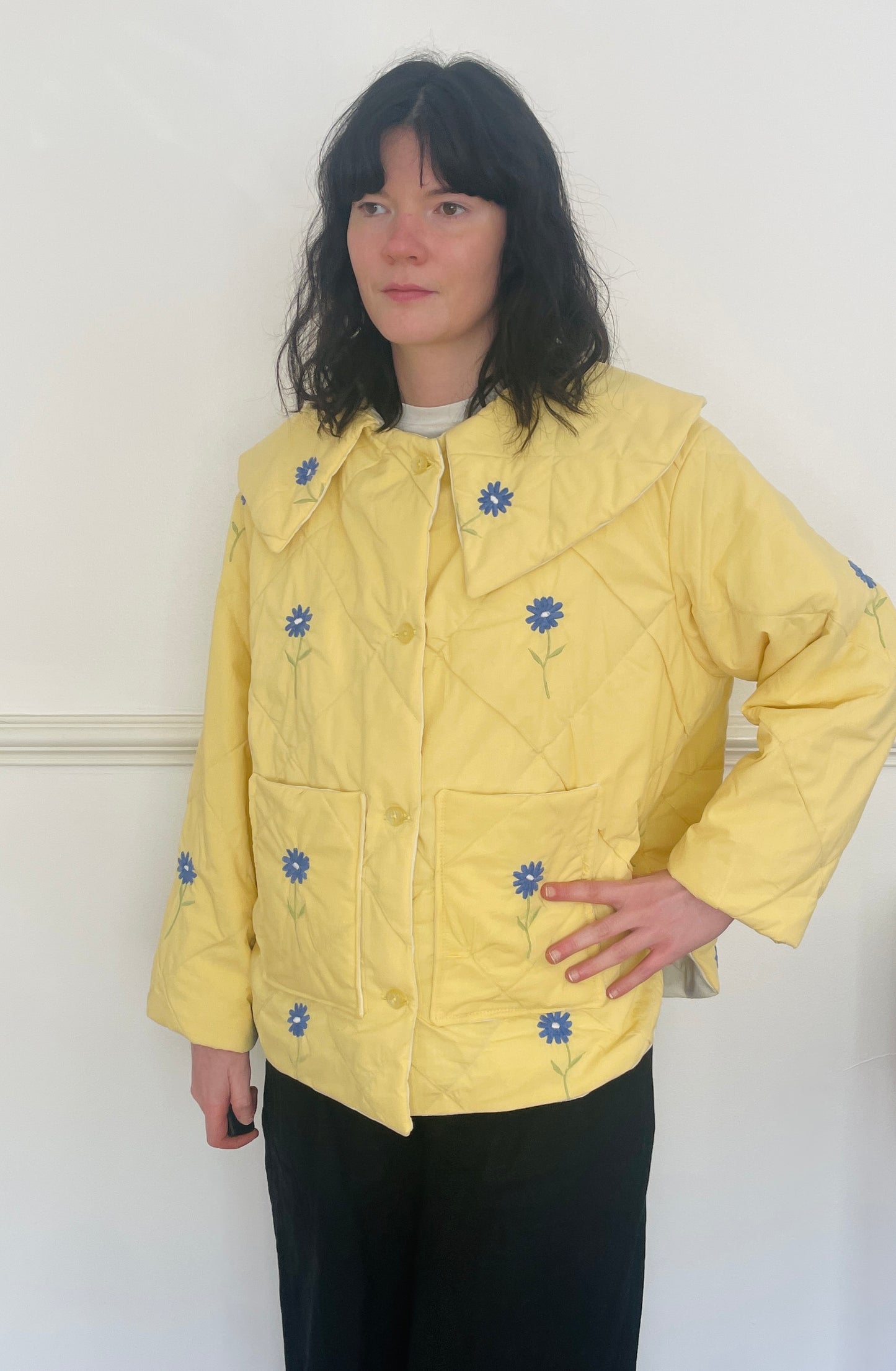 Handmade Yellow Quilted Floral Embroidered Collared Jacket - Size 14