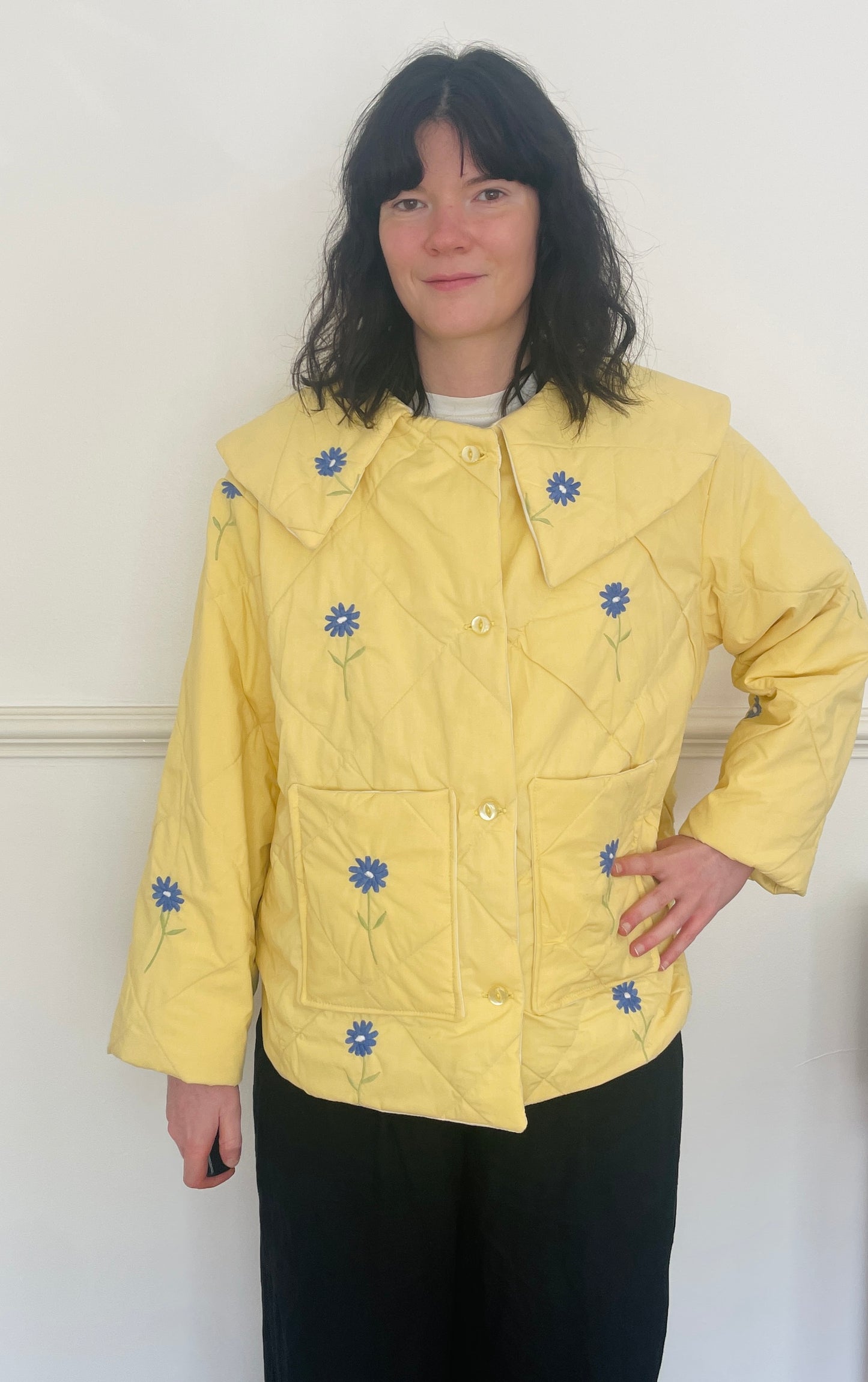 Handmade Yellow Quilted Floral Embroidered Collared Jacket - Size 14