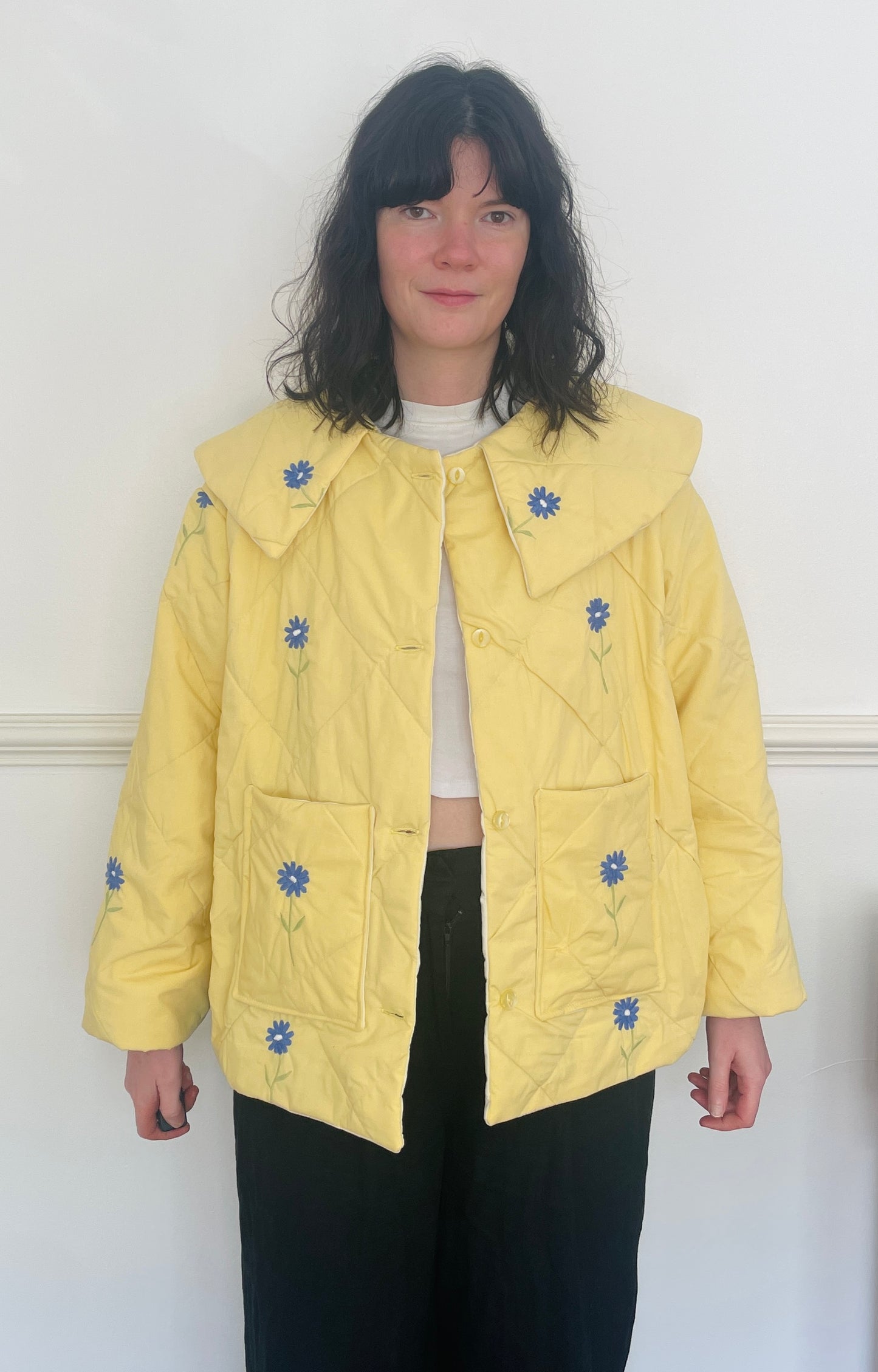 Handmade Yellow Quilted Floral Embroidered Collared Jacket - Size 14