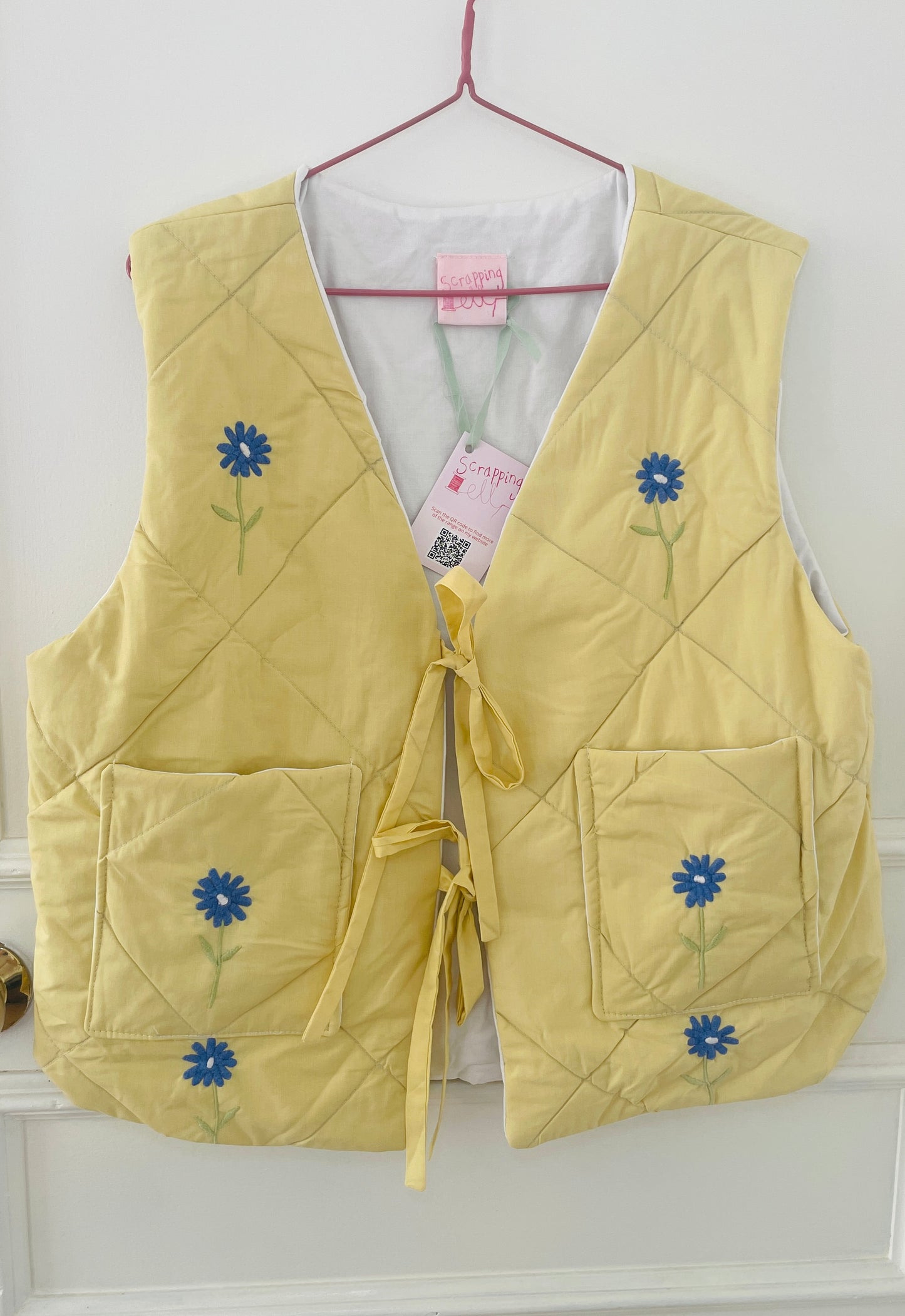 Handmade Yellow Quilted Floral Embroidered Tie Front Vest Gilet - Size 14