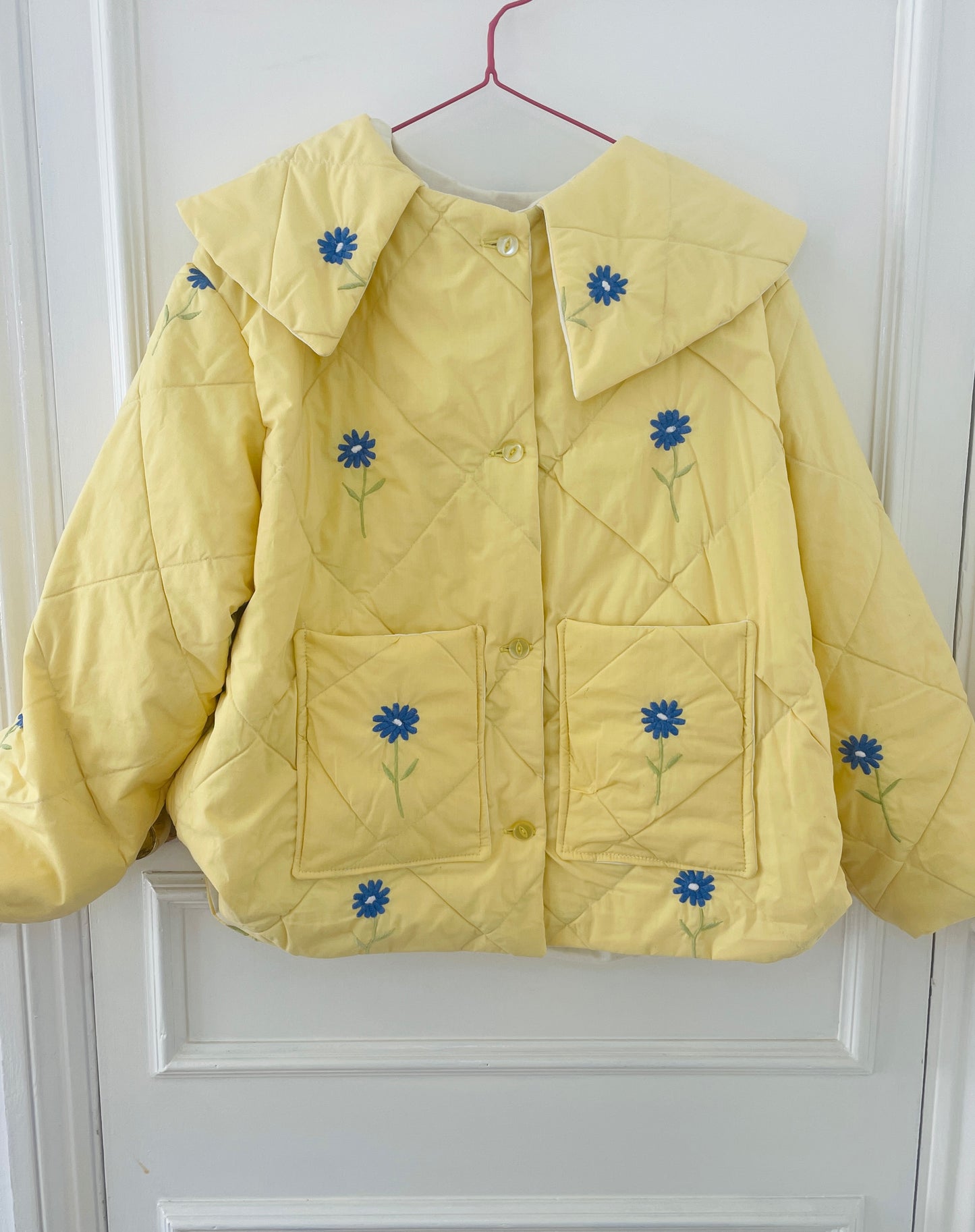 Handmade Yellow Quilted Floral Embroidered Collared Jacket - Size 14