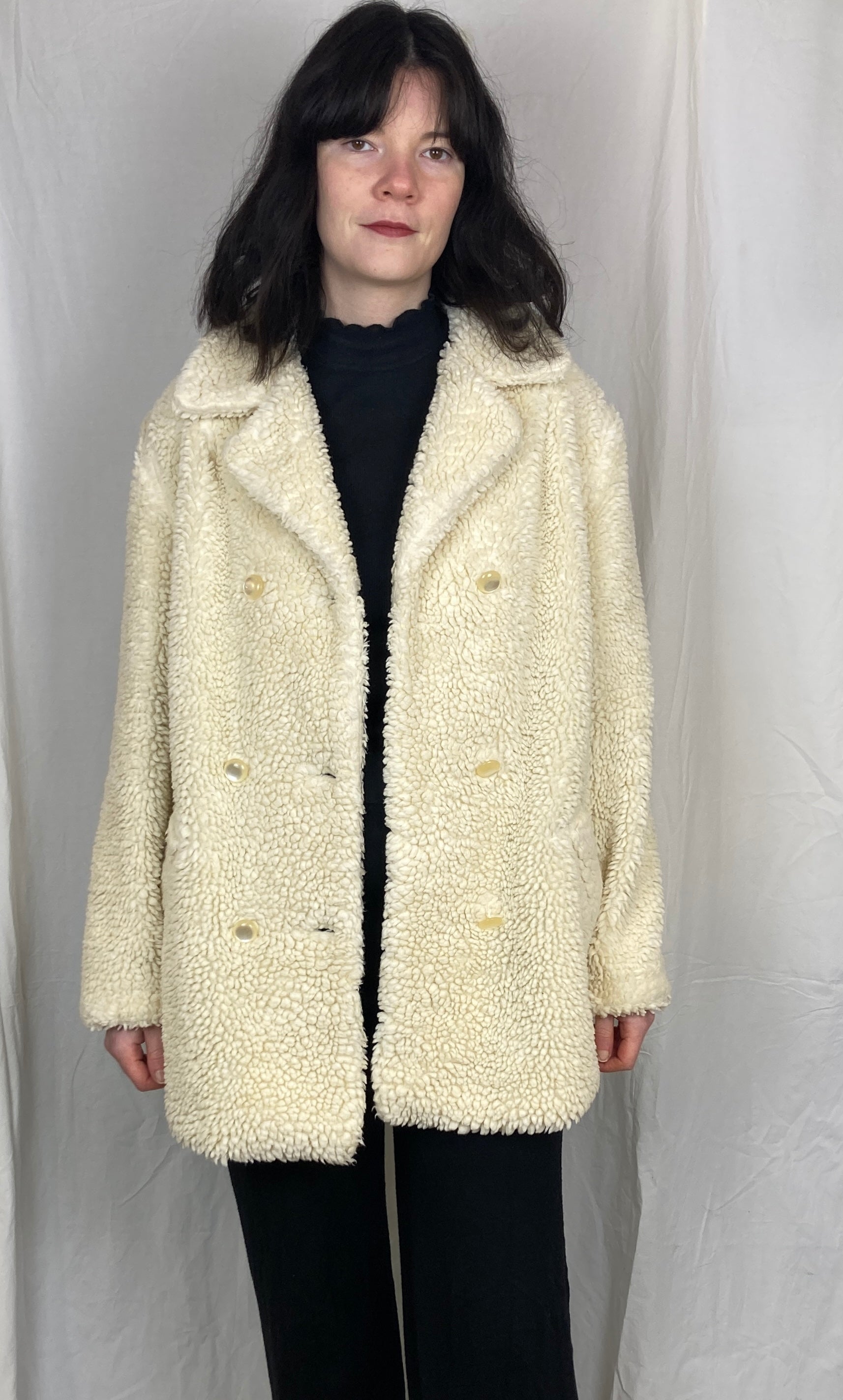 Vintage 70s White Borg Double Breasted Teddy Coat - Up To Size 14 - scrappingell