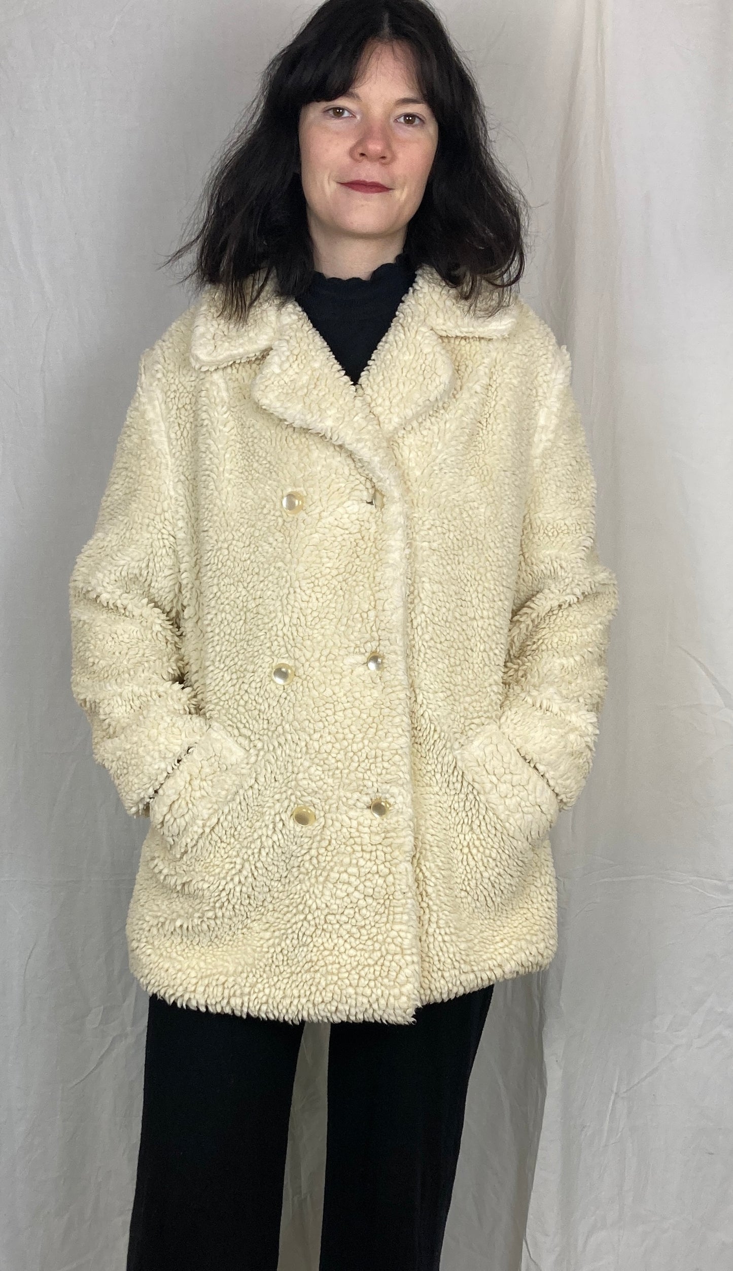 Vintage 70s White Borg Double Breasted Teddy Coat - Up To Size 14 - scrappingell