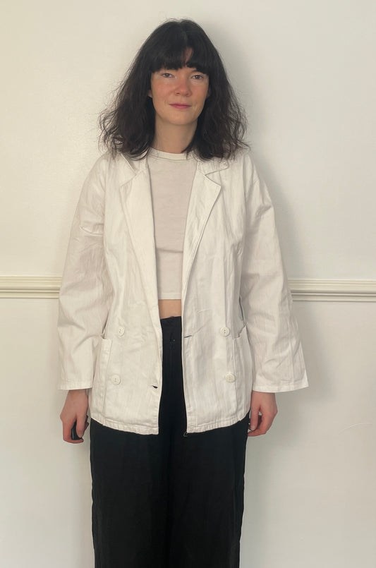 Vintage 90s White Cotton Double Breasted Blazer Jacket - Size 10