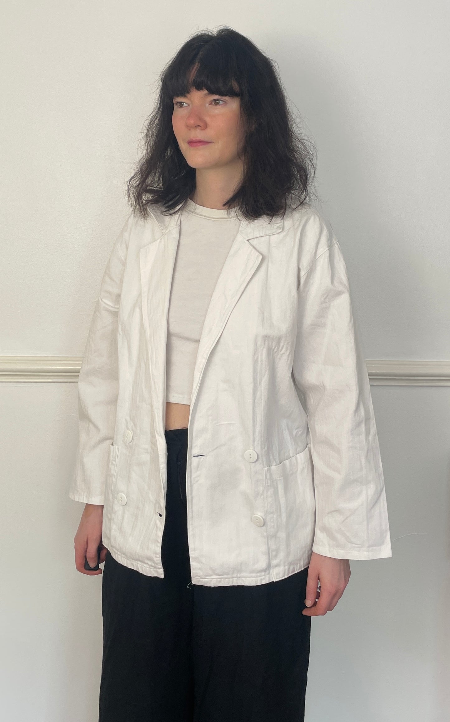 Vintage 90s White Cotton Double Breasted Blazer Jacket - Size 10