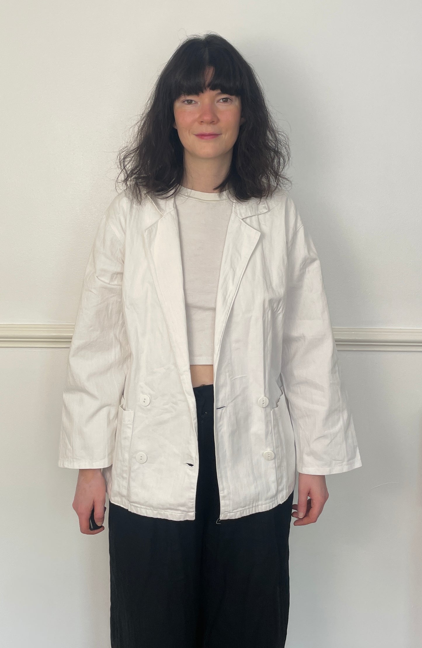 Vintage 90s White Cotton Double Breasted Blazer Jacket - Size 10