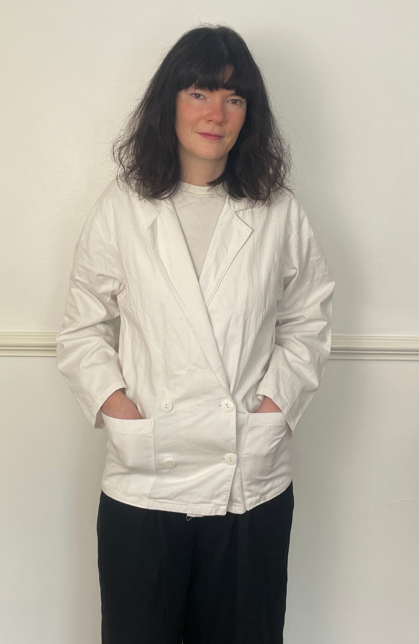 Vintage 90s White Cotton Double Breasted Blazer Jacket - Size 10