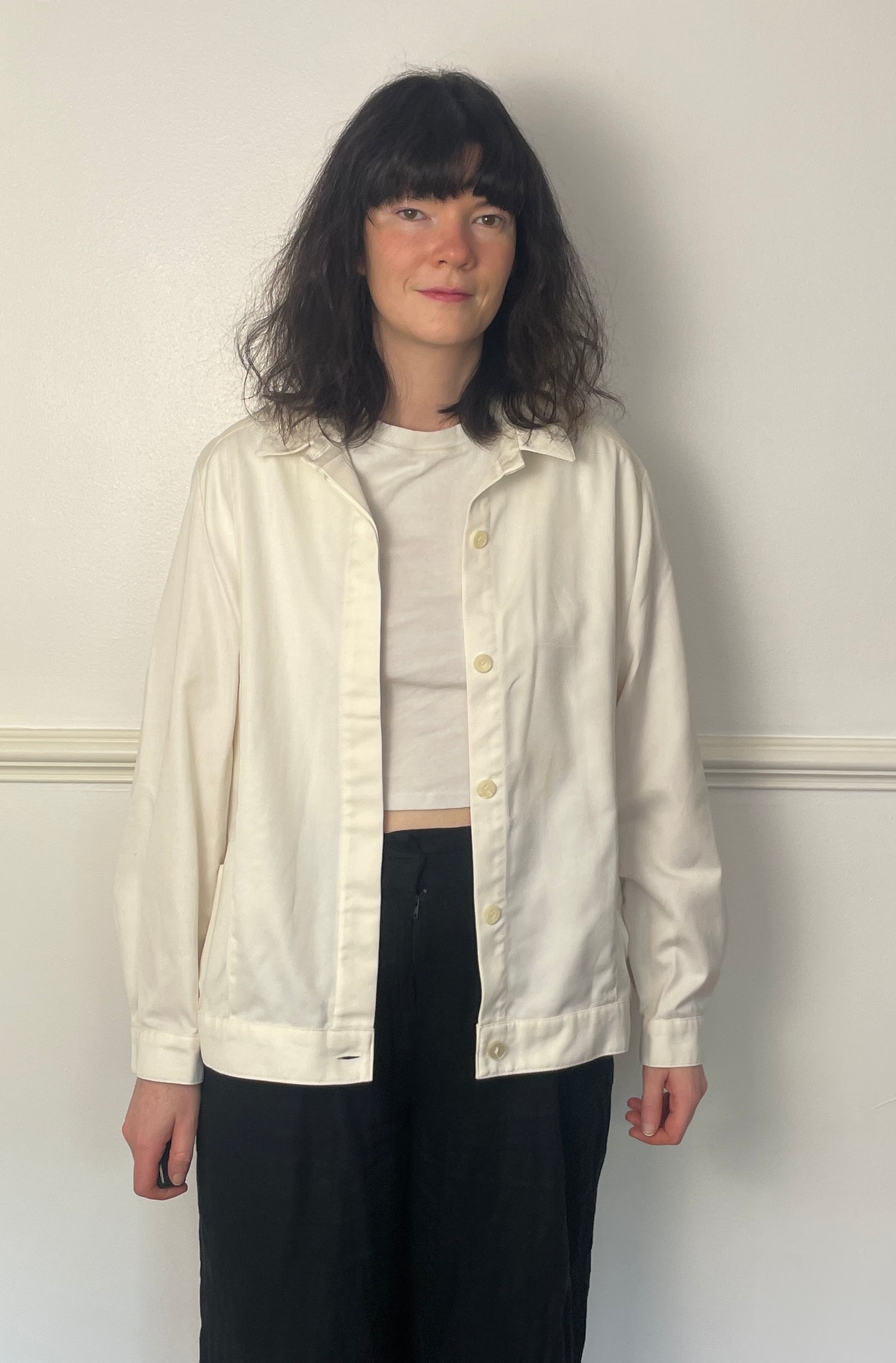 Vintage 80s White Cotton Unisex Button Bomber Jacket - Size 12