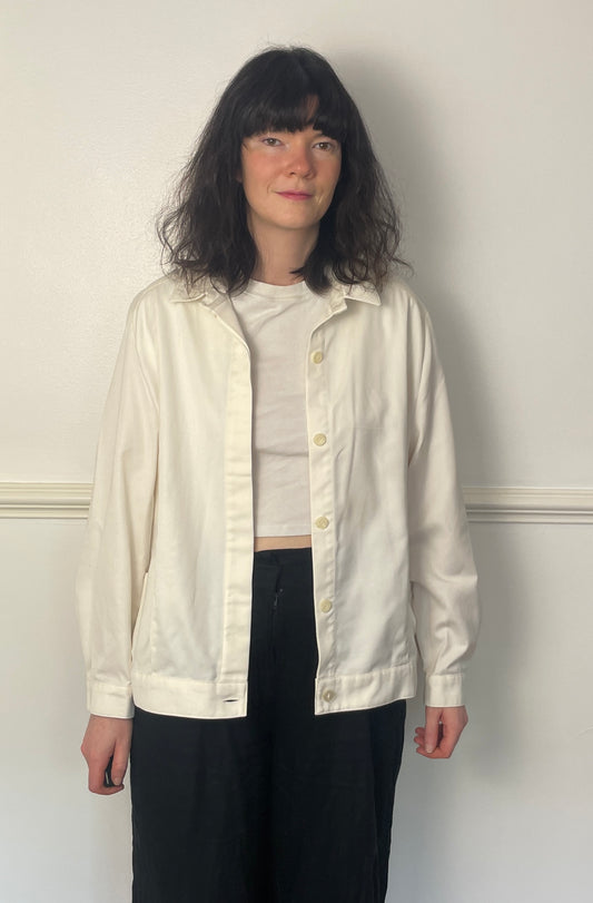 Vintage 80s White Cotton Unisex Button Bomber Jacket - Size 12