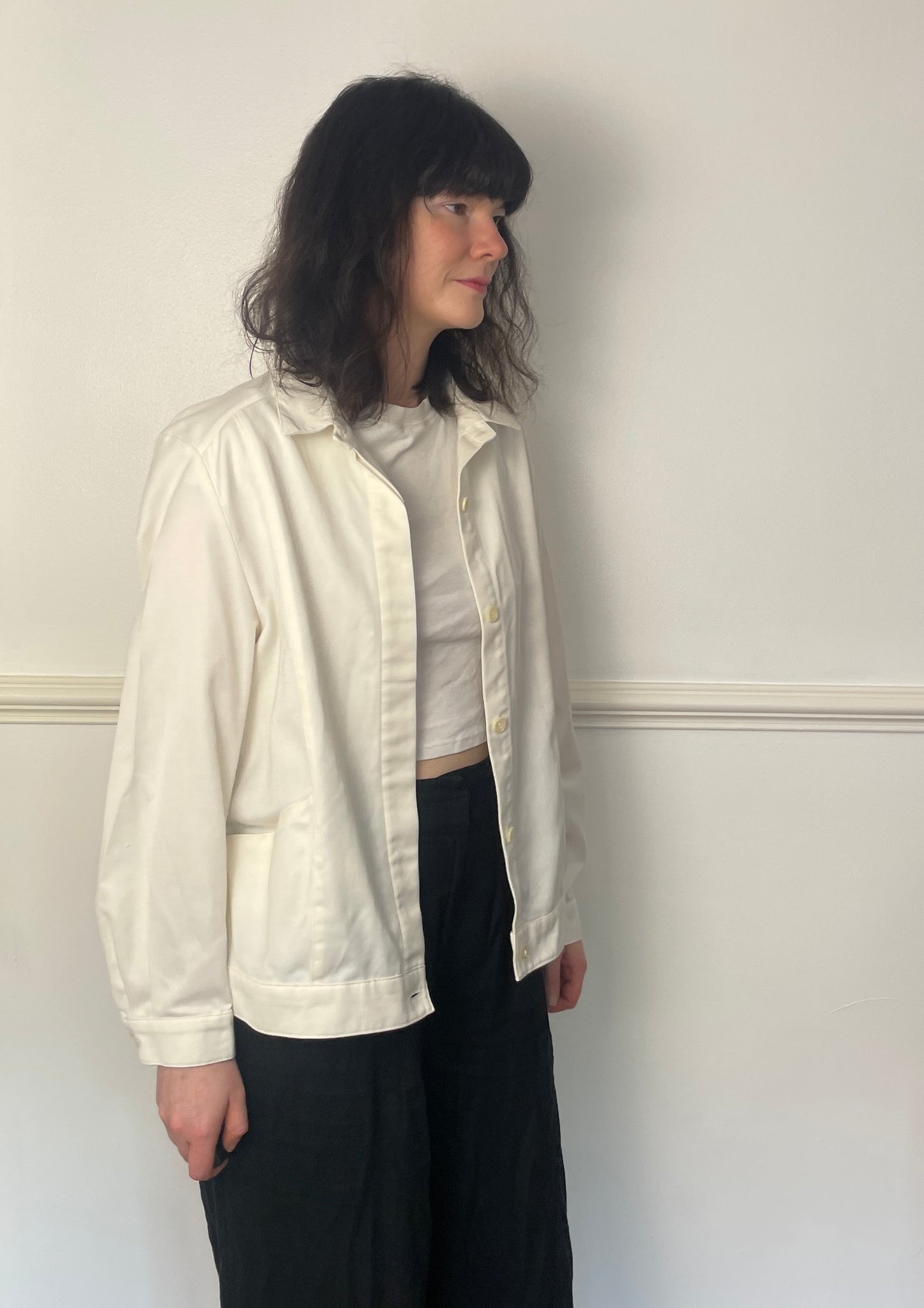 Vintage 80s White Cotton Unisex Button Bomber Jacket - Size 12