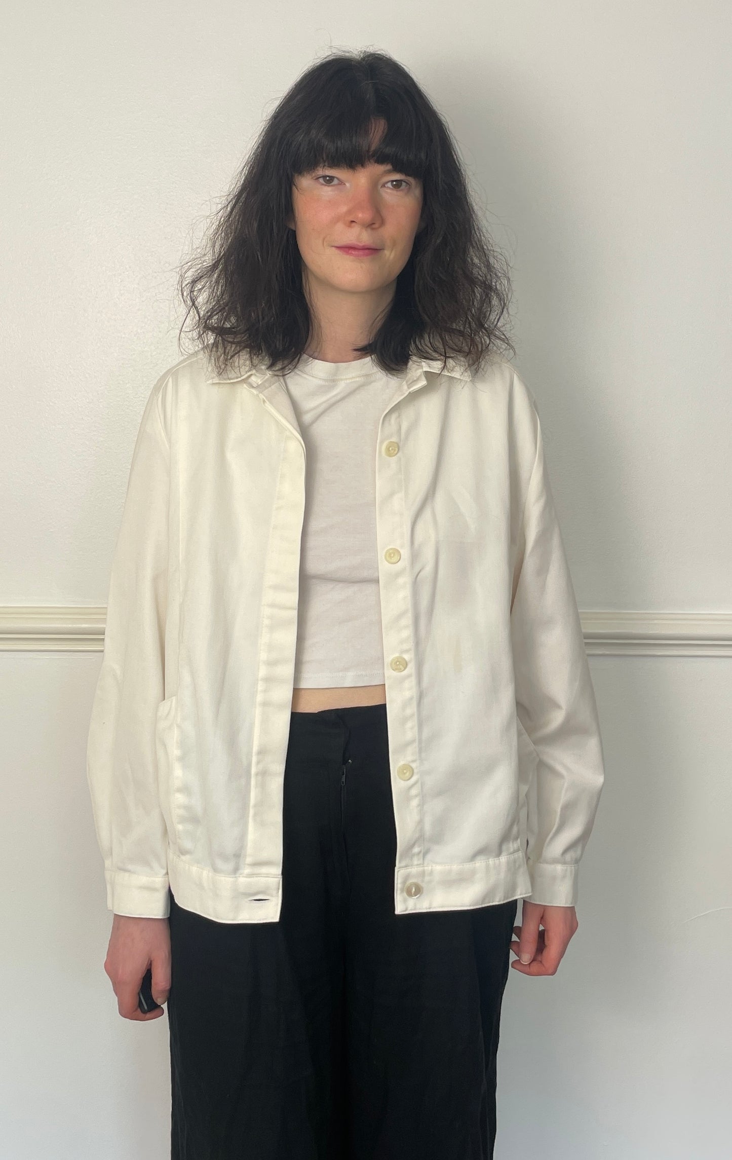 Vintage 80s White Cotton Unisex Button Bomber Jacket - Size 12