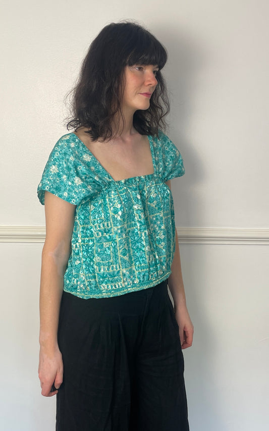 Vintage Y2K Blue Satin Printed Smocked Ruched Bust Vest Top - Size 10