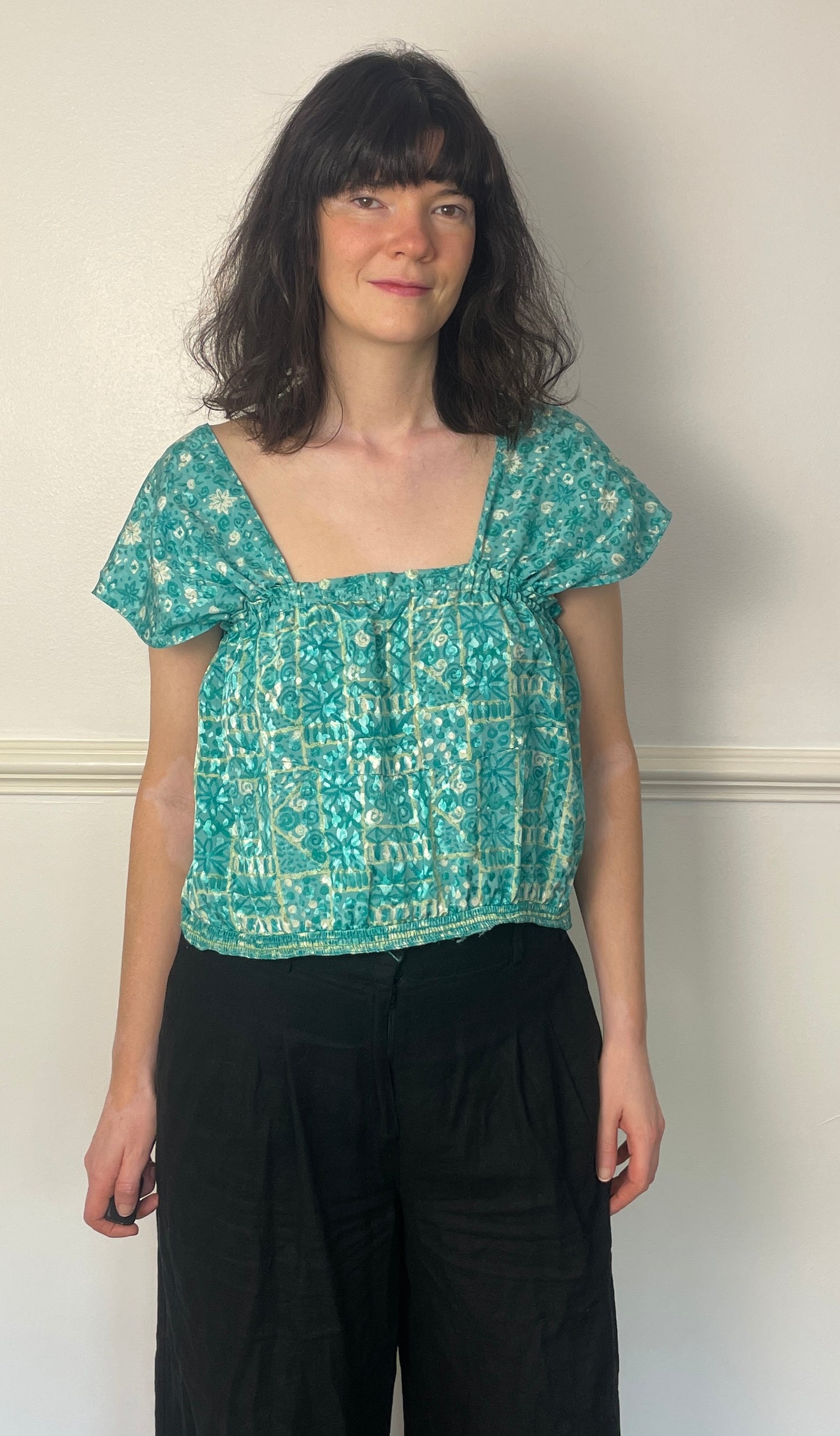 Vintage Y2K Blue Satin Printed Smocked Ruched Bust Vest Top - Size 10