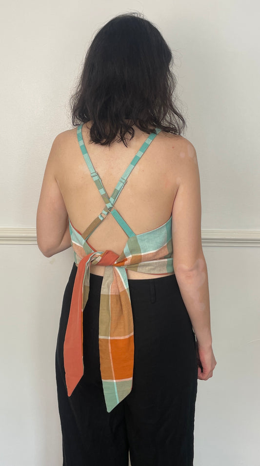 Handmade Orange and Green Checked Cross Strap Tie Back Crop Top - Size 12
