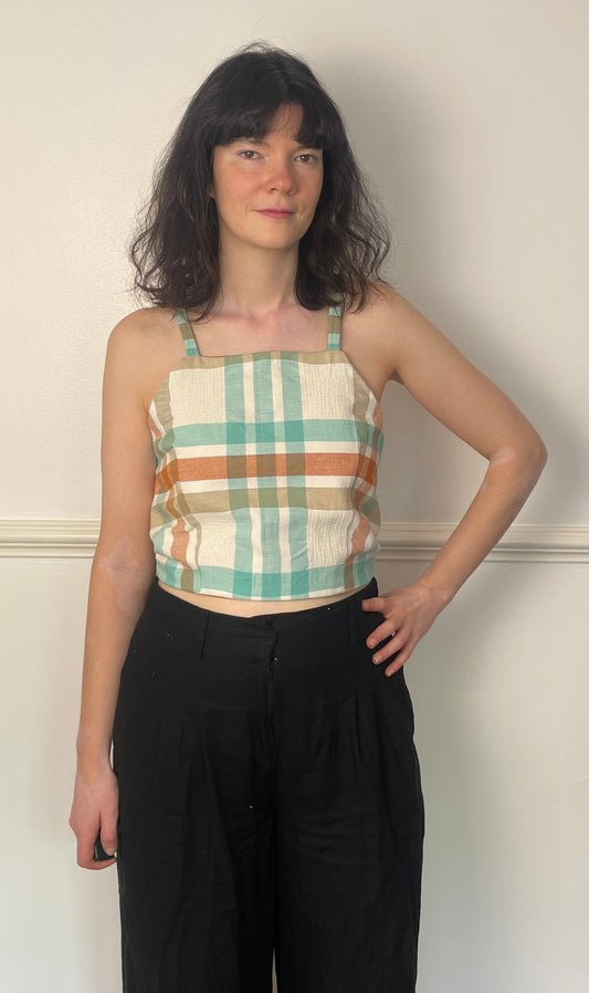 Handmade Orange and Green Checked Cross Strap Tie Back Crop Top - Size 12