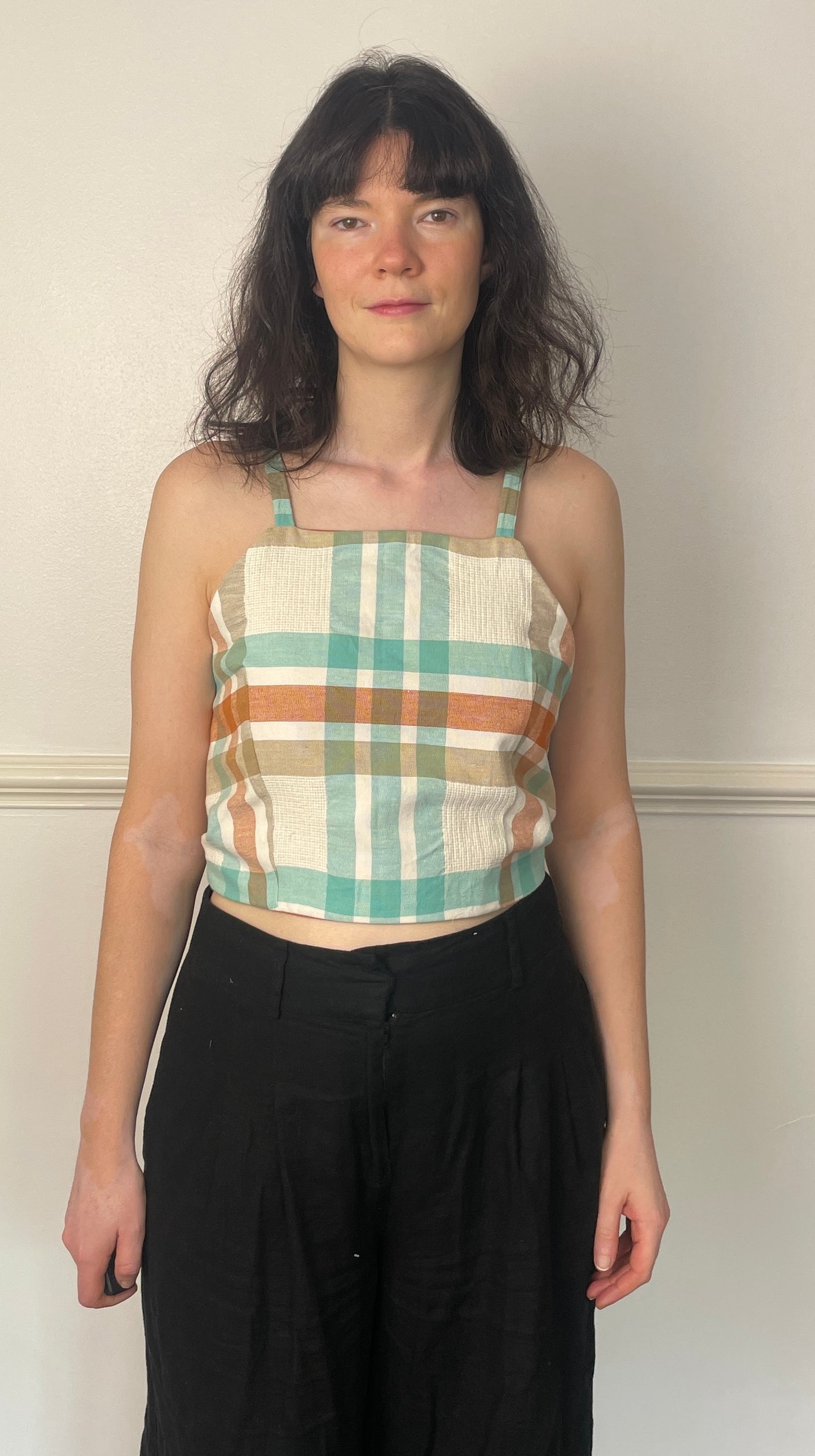 Handmade Orange and Green Checked Cross Strap Tie Back Crop Top - Size 12
