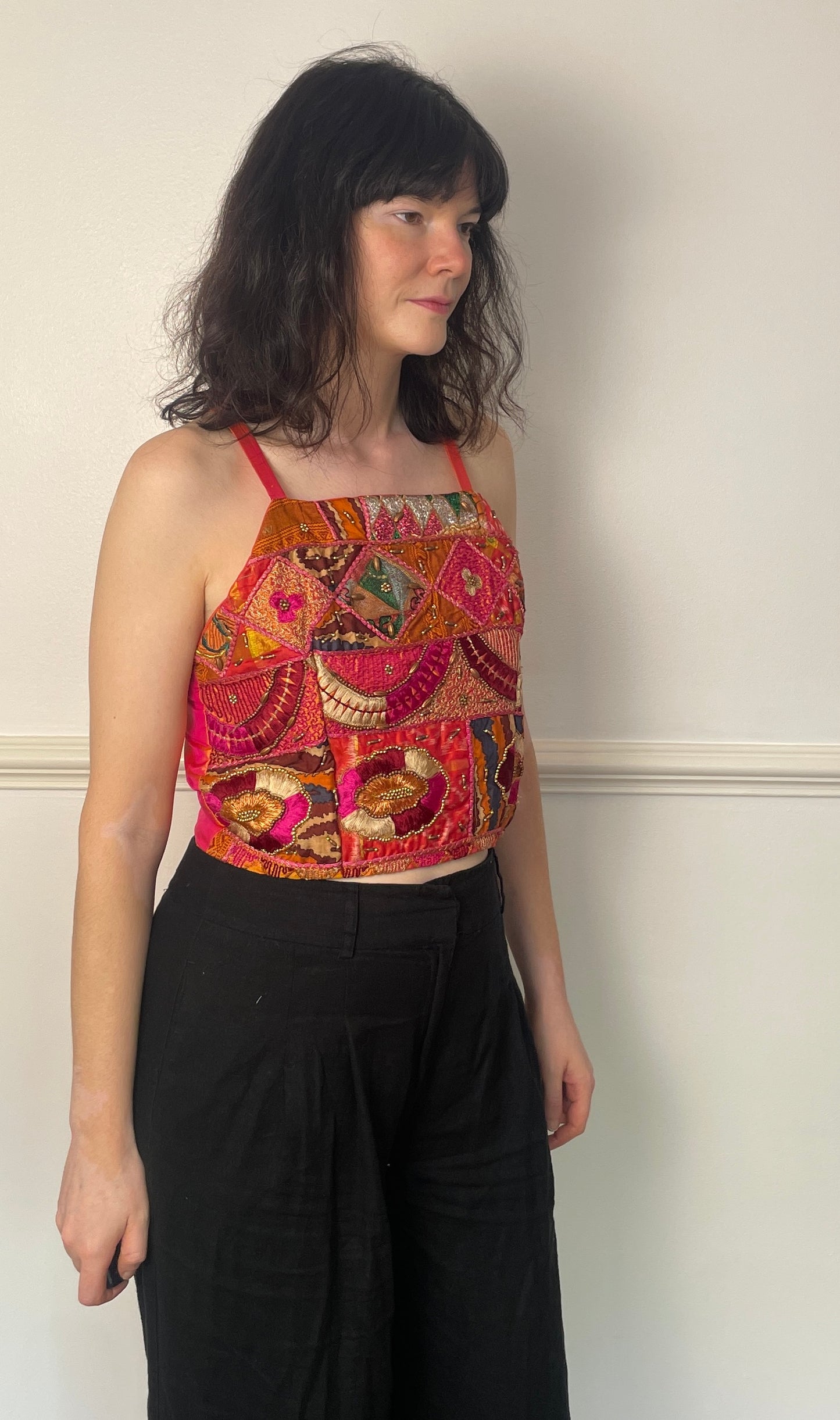 Handmade Orange Beaded Silk Cross Strap Tie Back Crop Top - Size 10
