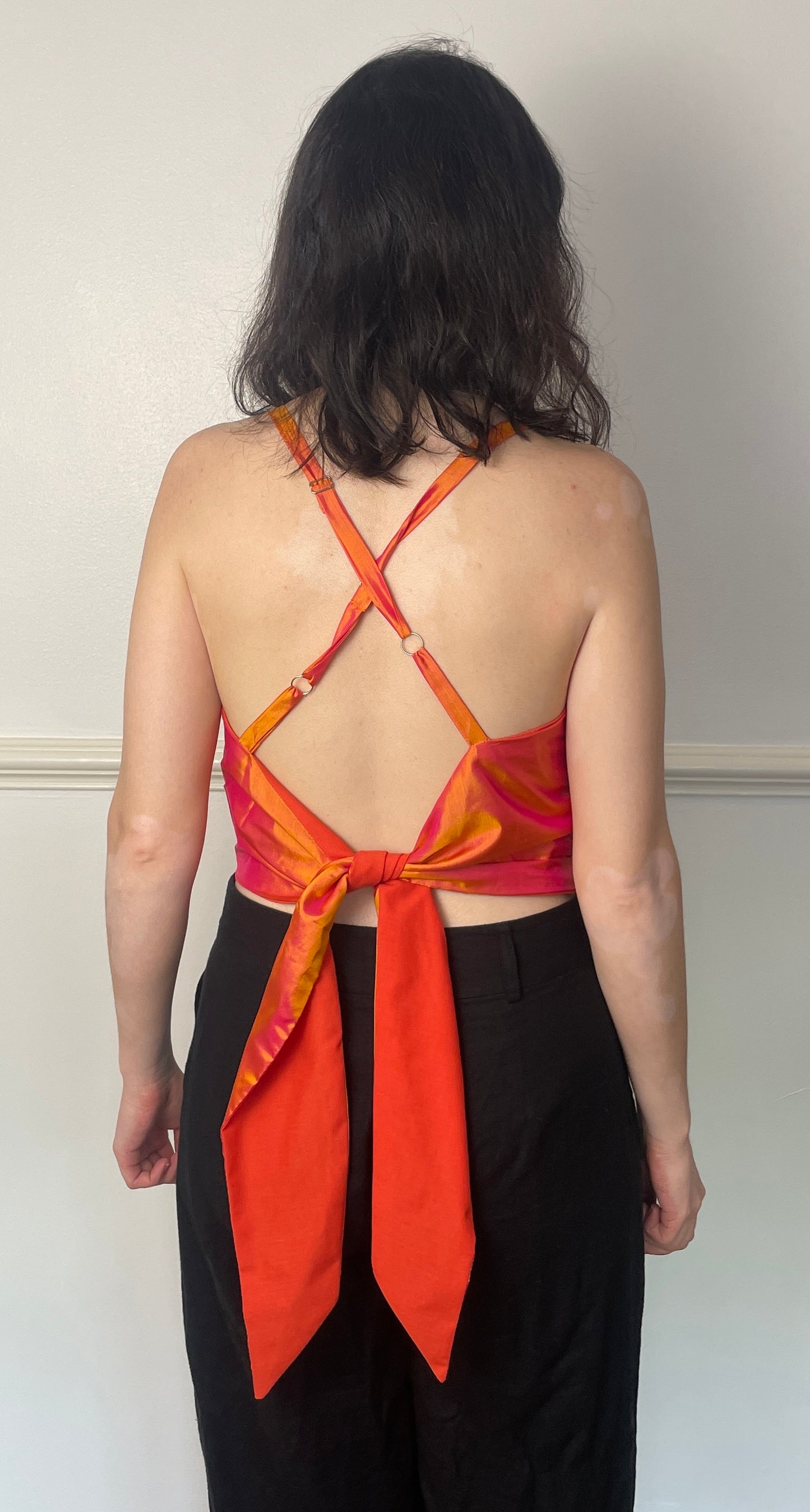 Handmade Orange Beaded Silk Cross Strap Tie Back Crop Top - Size 10