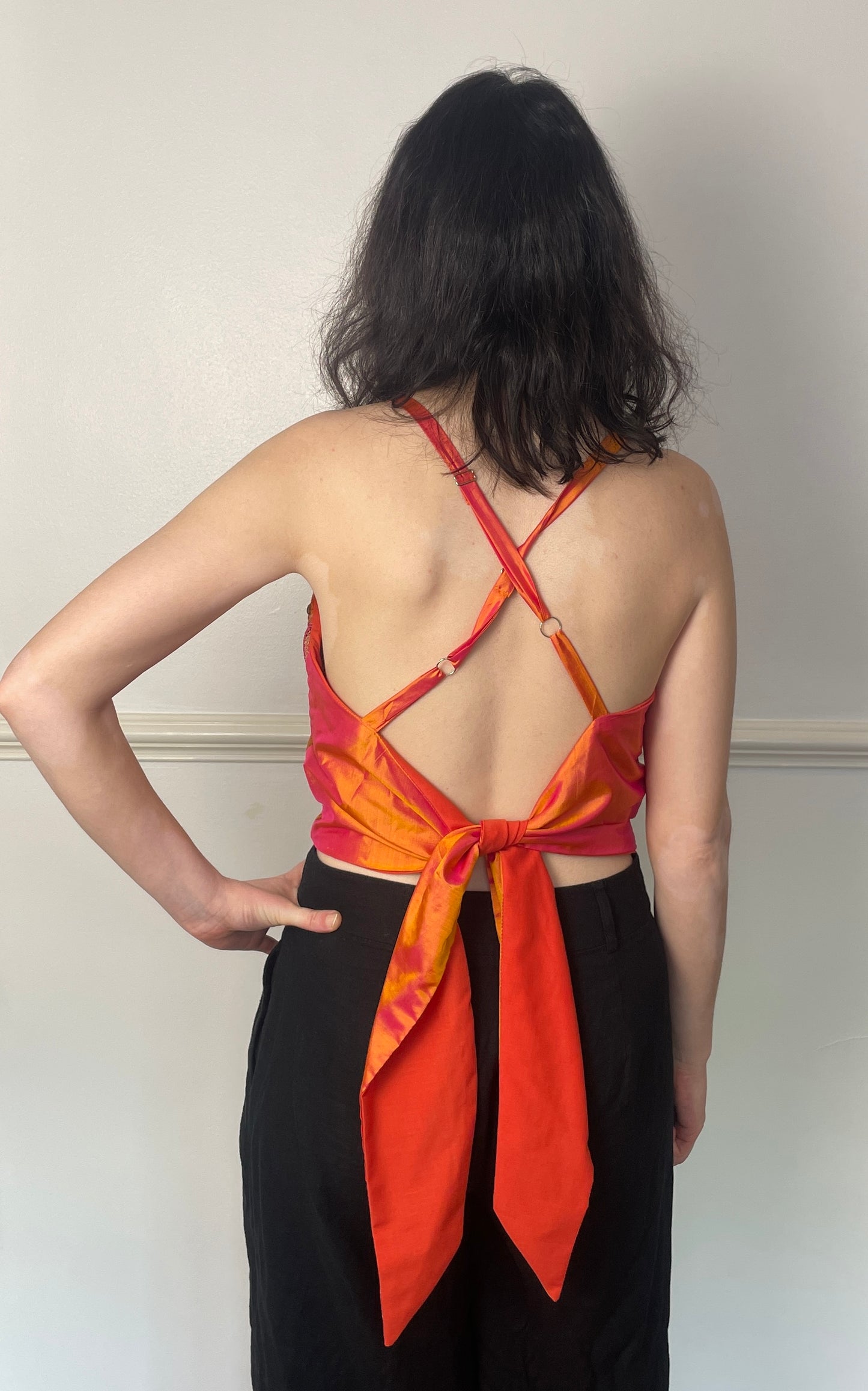 Handmade Orange Beaded Silk Cross Strap Tie Back Crop Top - Size 10