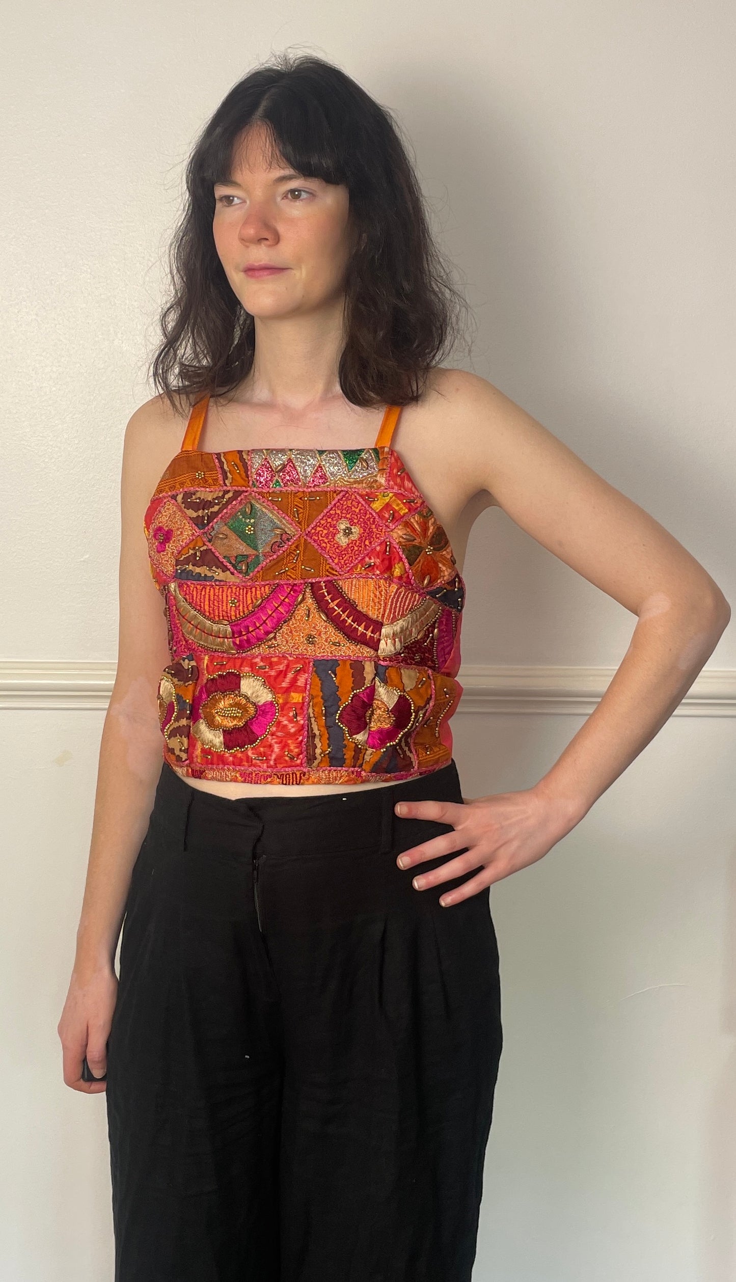 Handmade Orange Beaded Silk Cross Strap Tie Back Crop Top - Size 10
