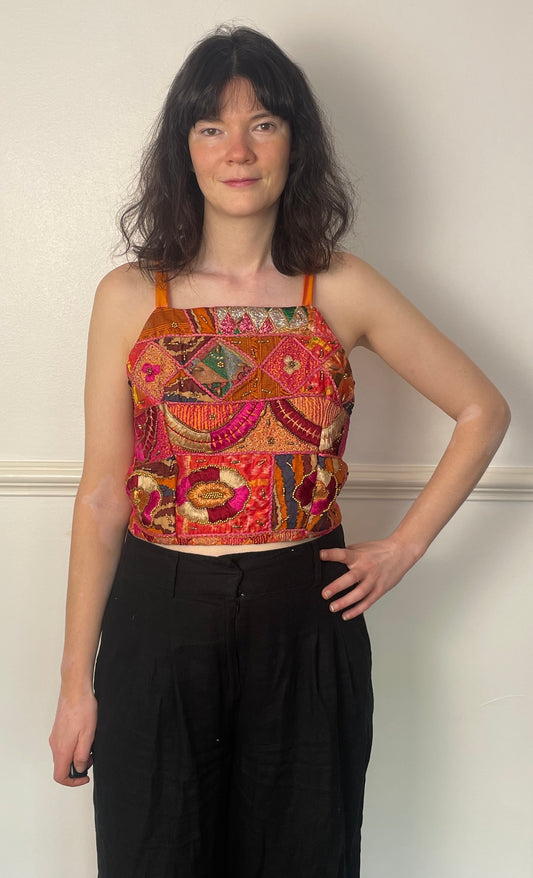 Handmade Orange Beaded Silk Cross Strap Tie Back Crop Top - Size 10