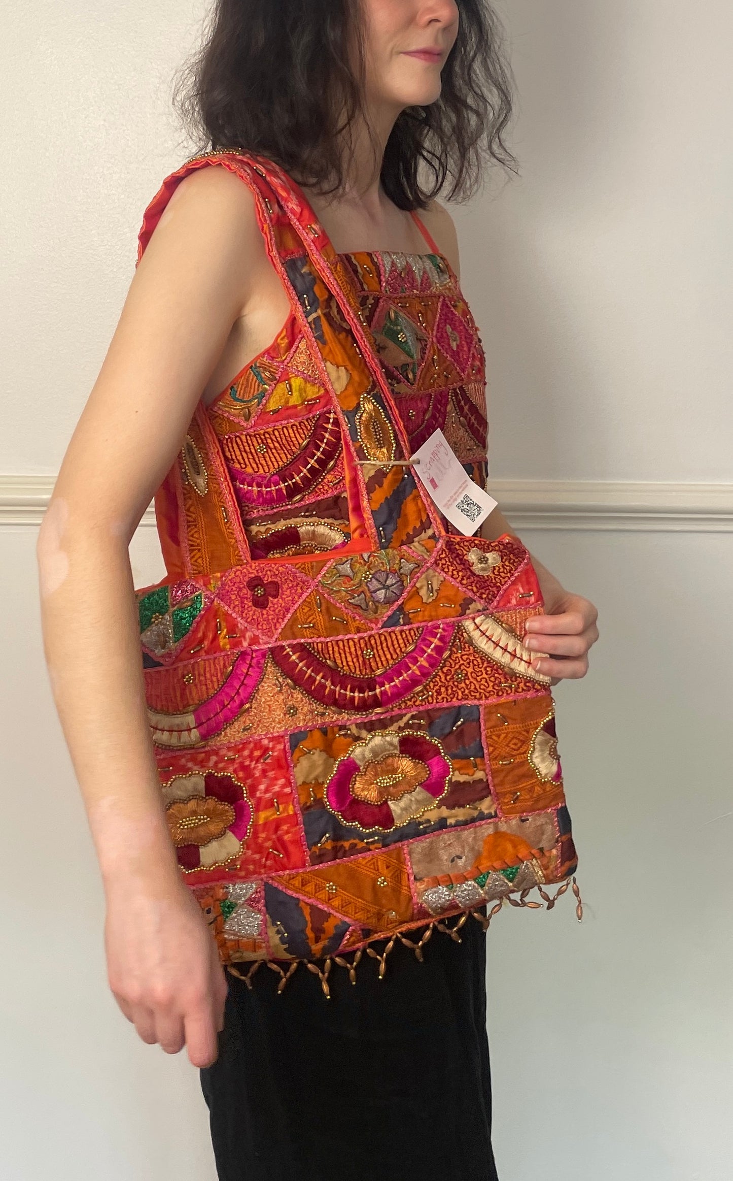 Handmade Orange Silk Beaded Shoulder Tote Bag