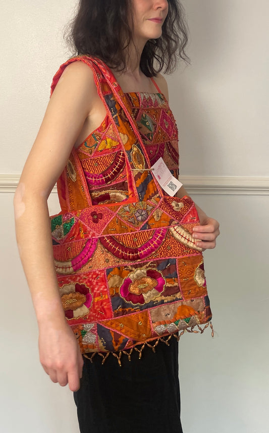 Handmade Orange Silk Beaded Shoulder Tote Bag