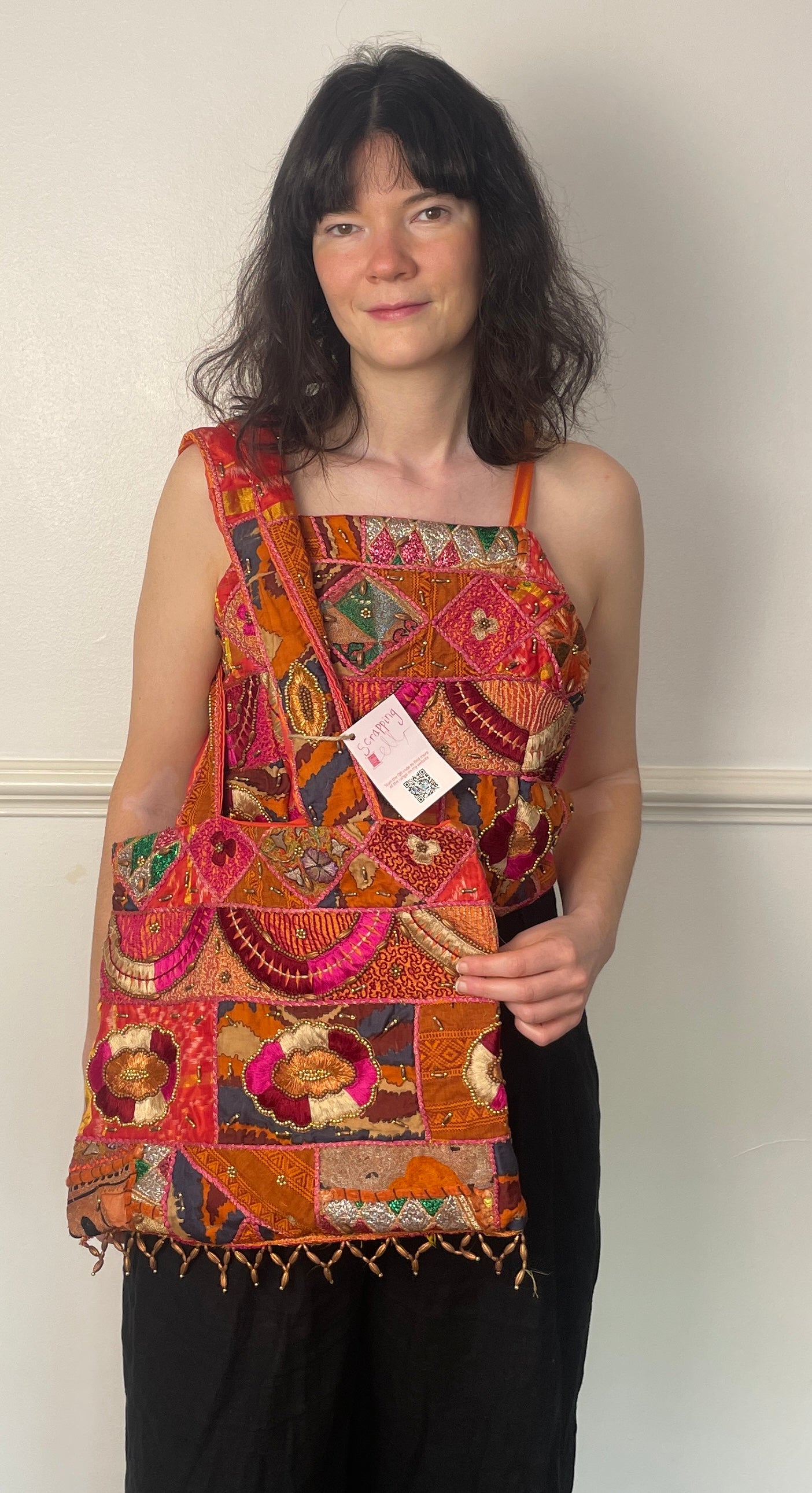 Handmade Orange Silk Beaded Shoulder Tote Bag