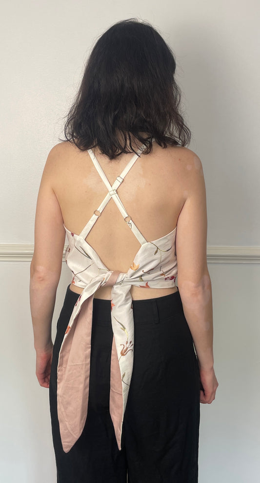 Handmade White Silk Floral Embroidered Cross Strap Tie Back Crop Top - Size 12