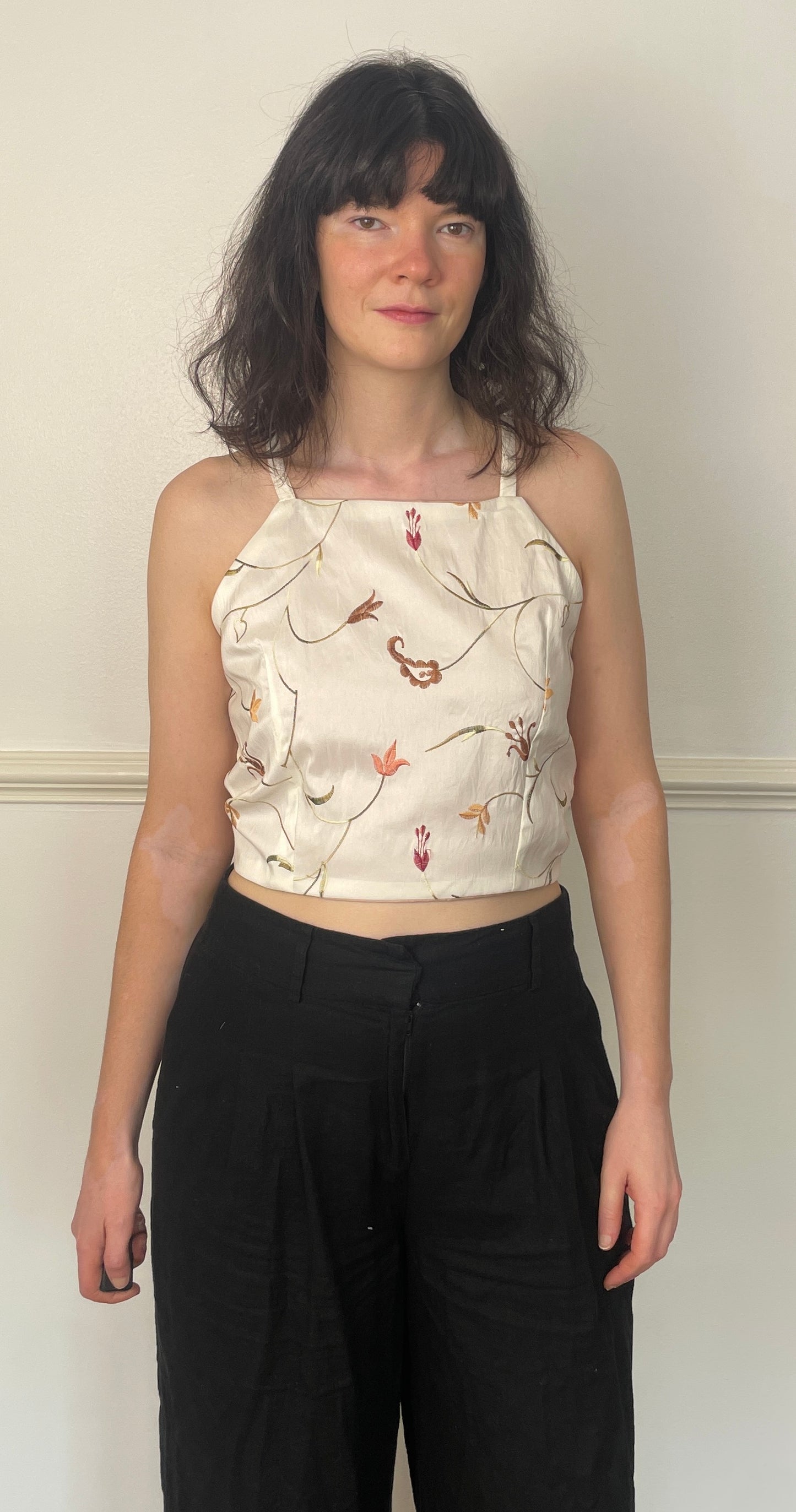 Handmade White Silk Floral Embroidered Cross Strap Tie Back Crop Top - Size 12