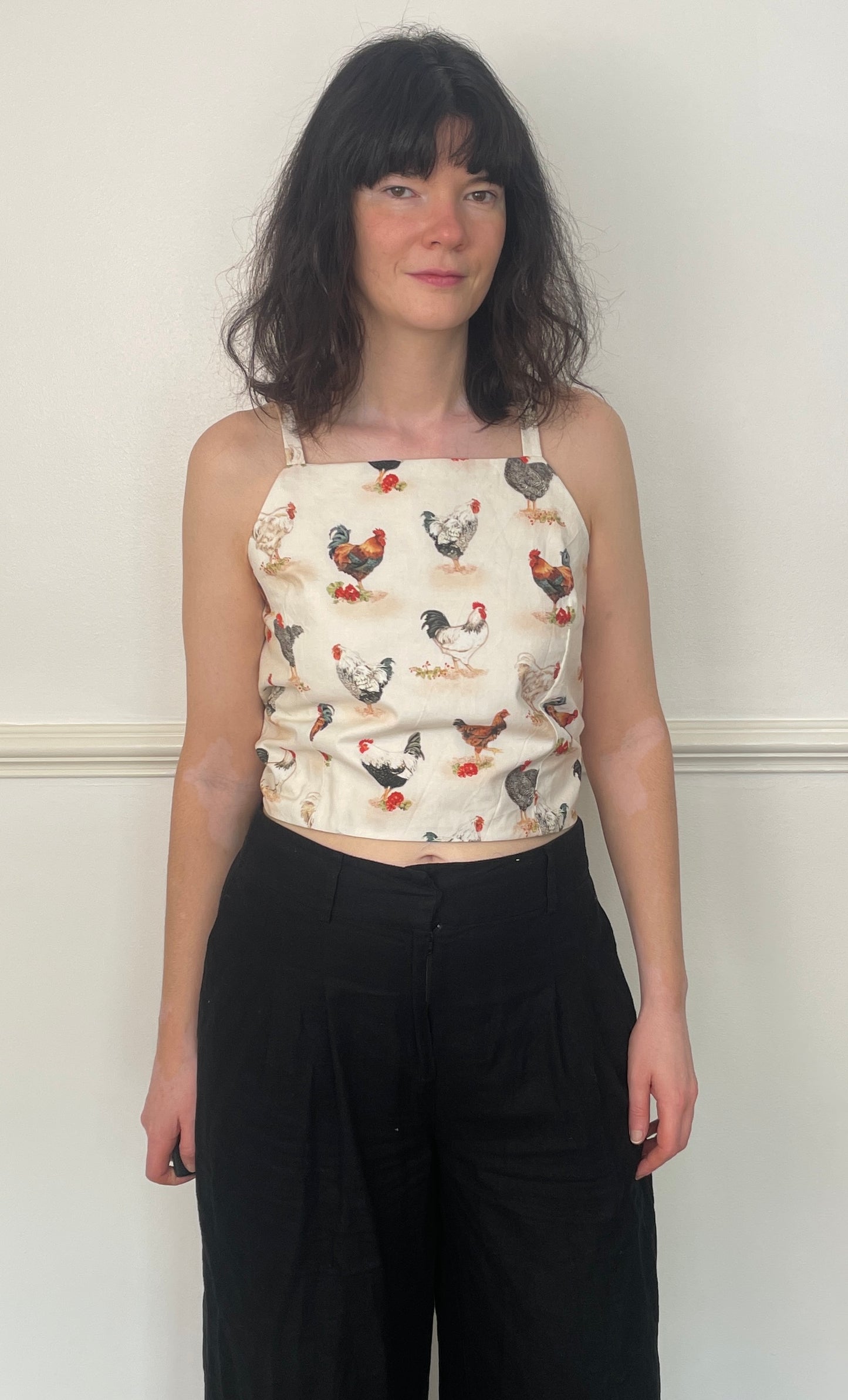Handmade White Cotton Chicken Print Tie Back Crop Top - Size 14