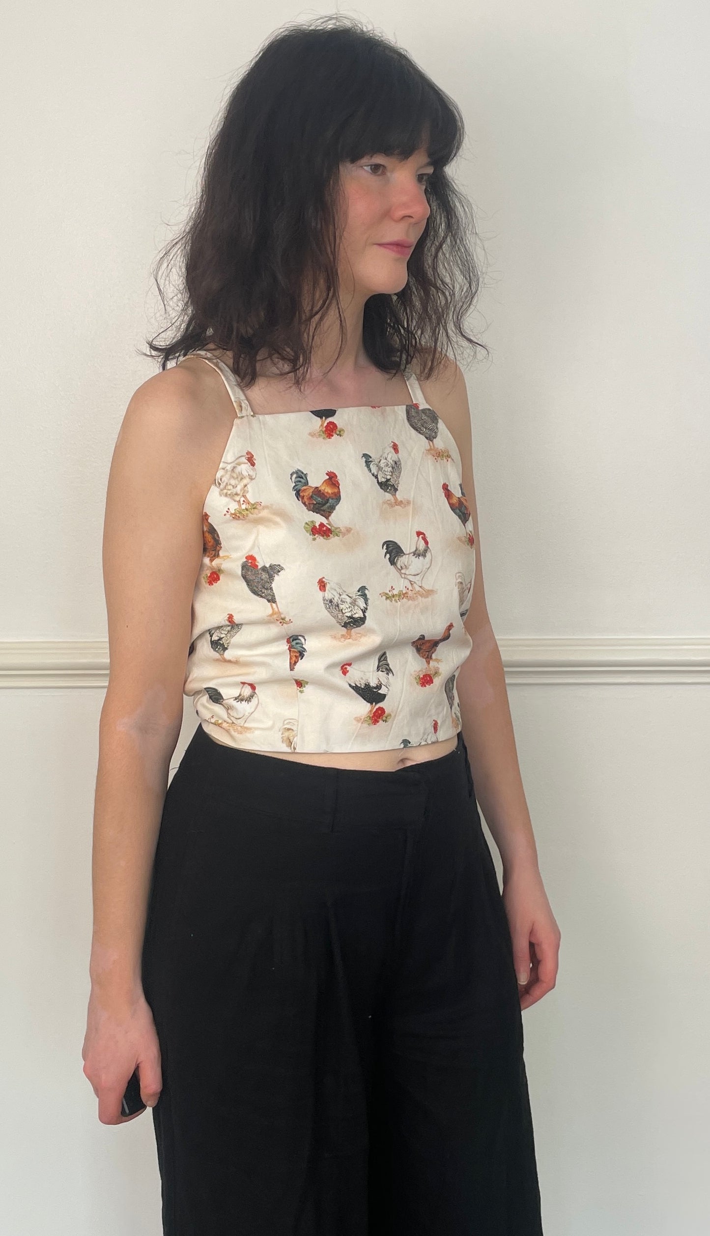 Handmade White Cotton Chicken Print Tie Back Crop Top - Size 14
