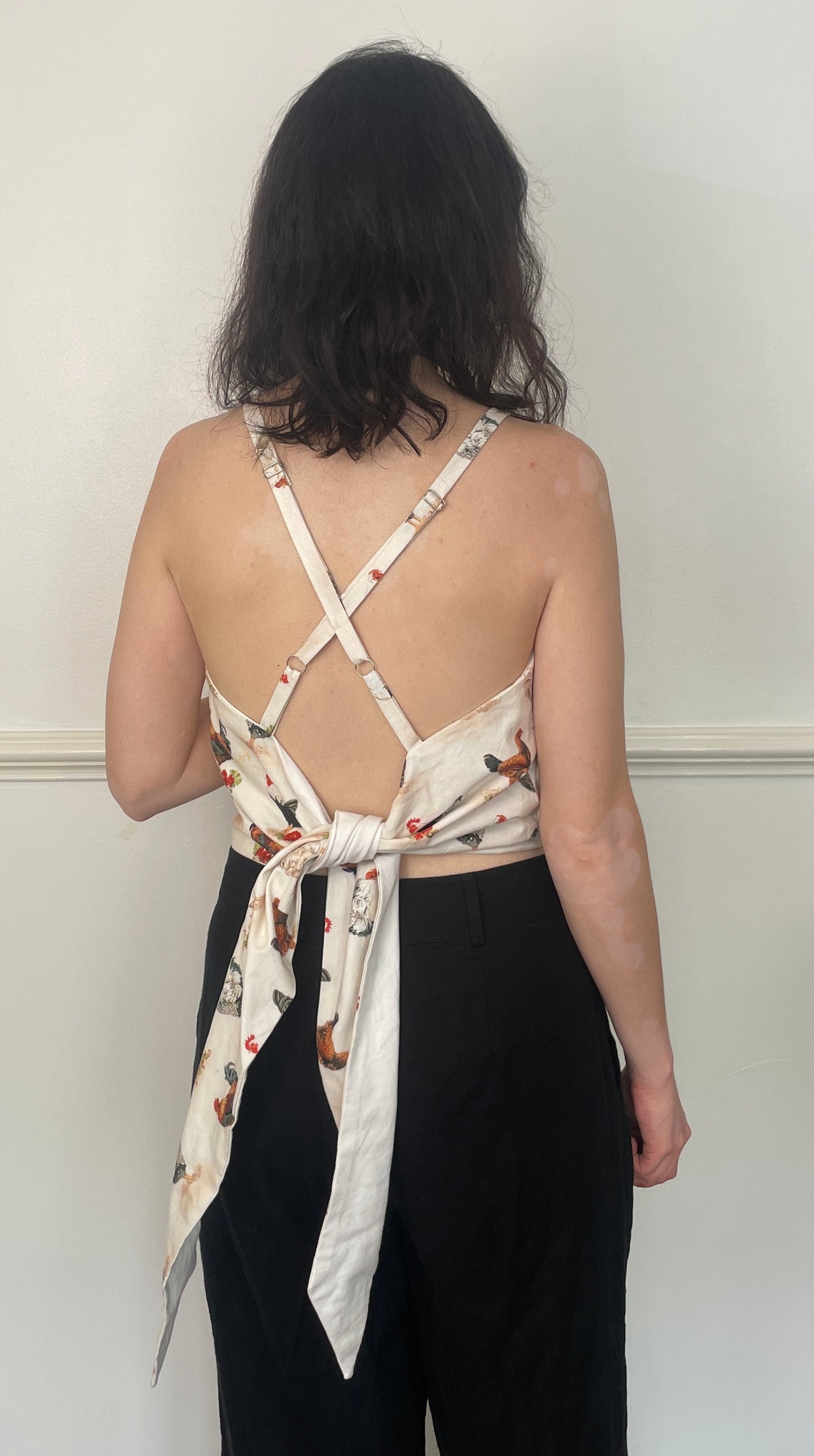 Handmade White Cotton Chicken Print Tie Back Crop Top - Size 14