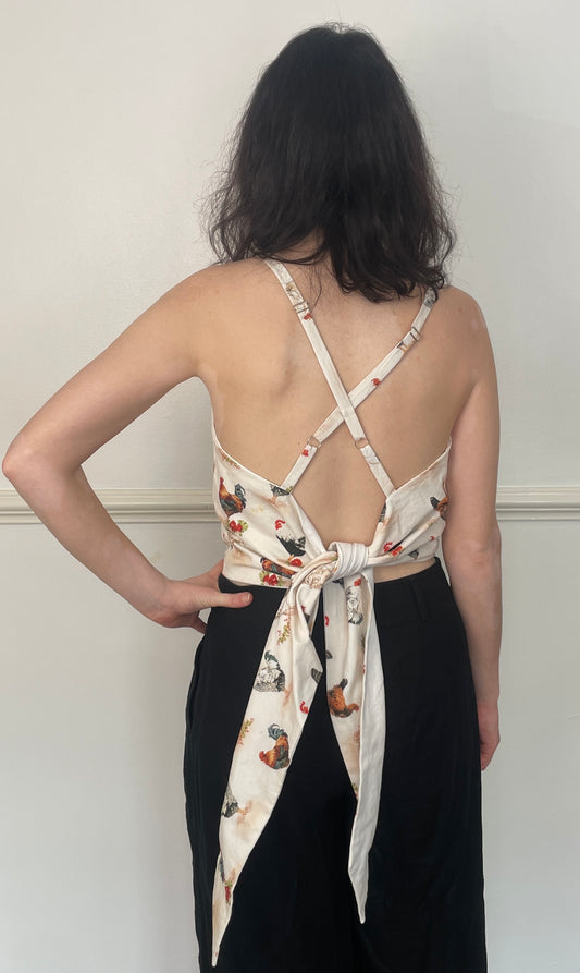Handmade White Cotton Chicken Print Tie Back Crop Top - Size 14