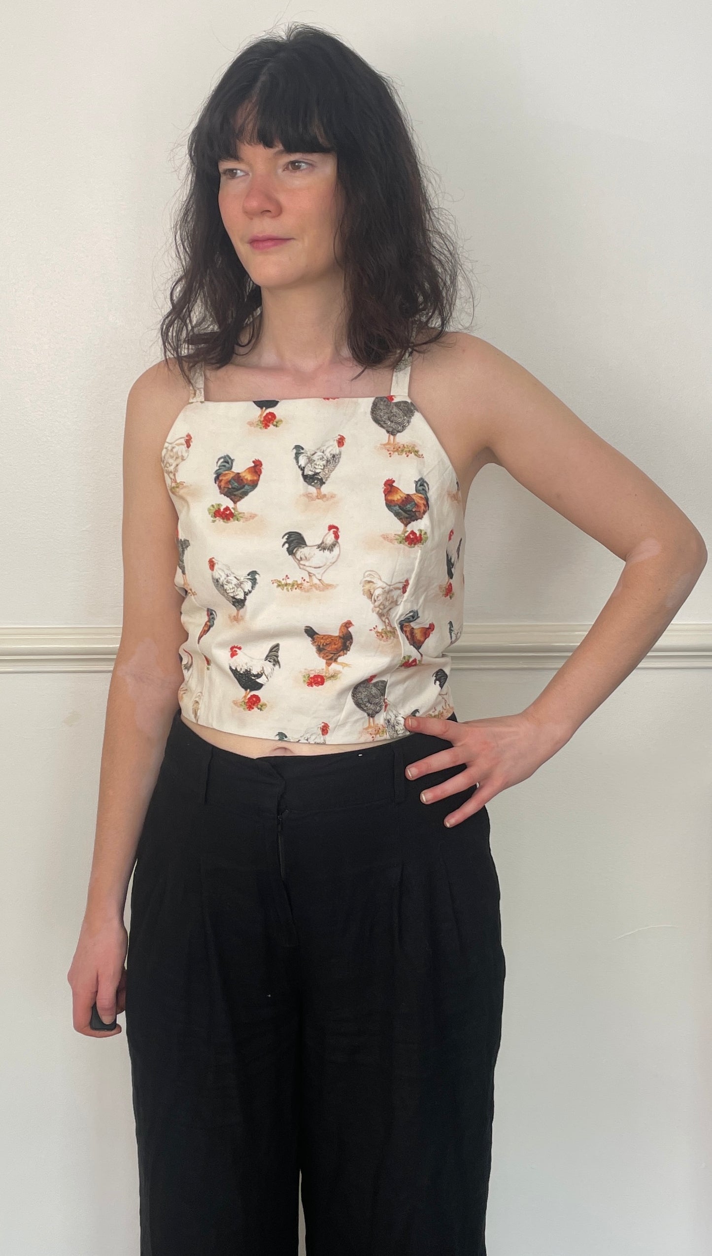 Handmade White Cotton Chicken Print Tie Back Crop Top - Size 14