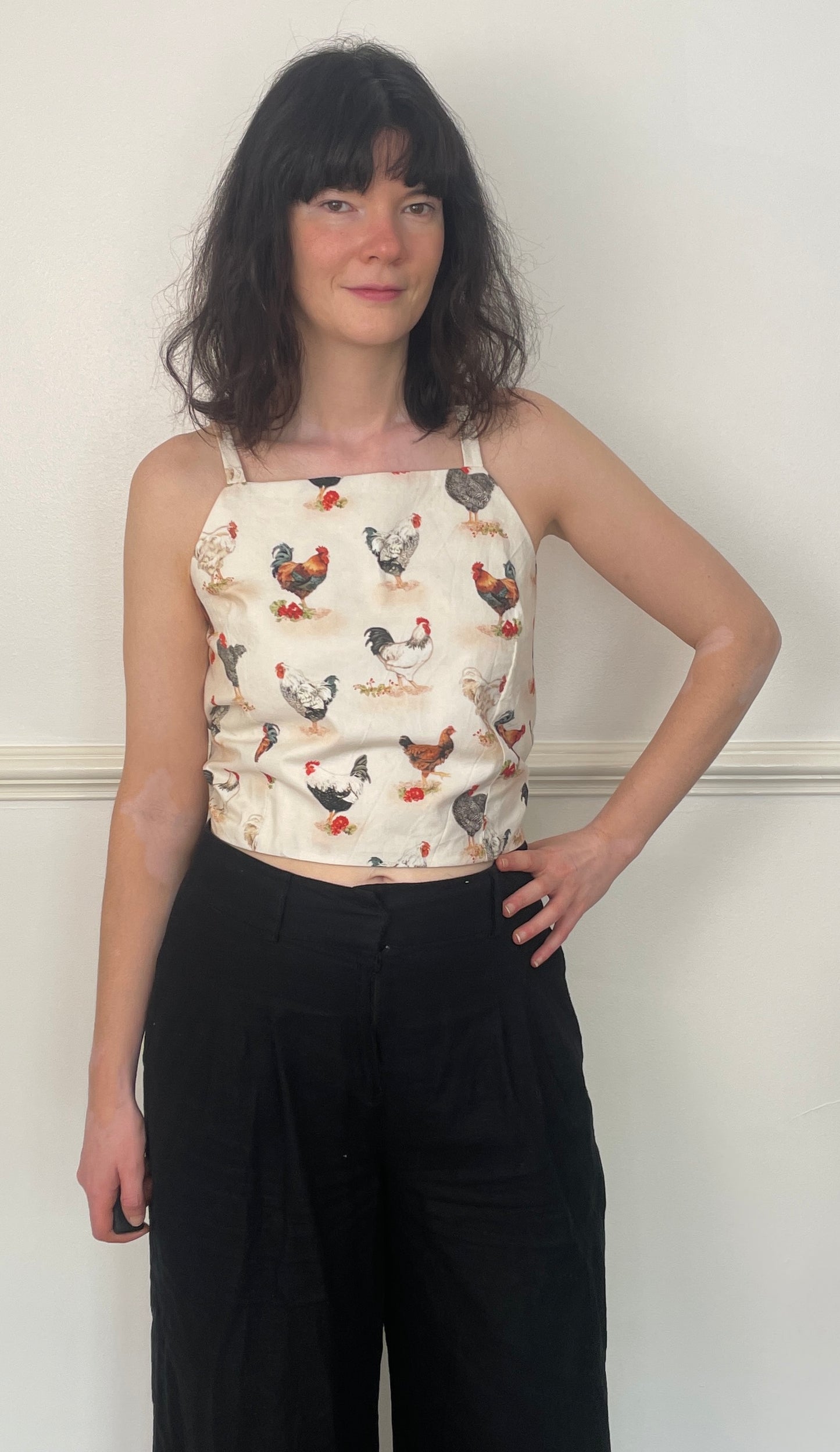 Handmade White Cotton Chicken Print Tie Back Crop Top - Size 14